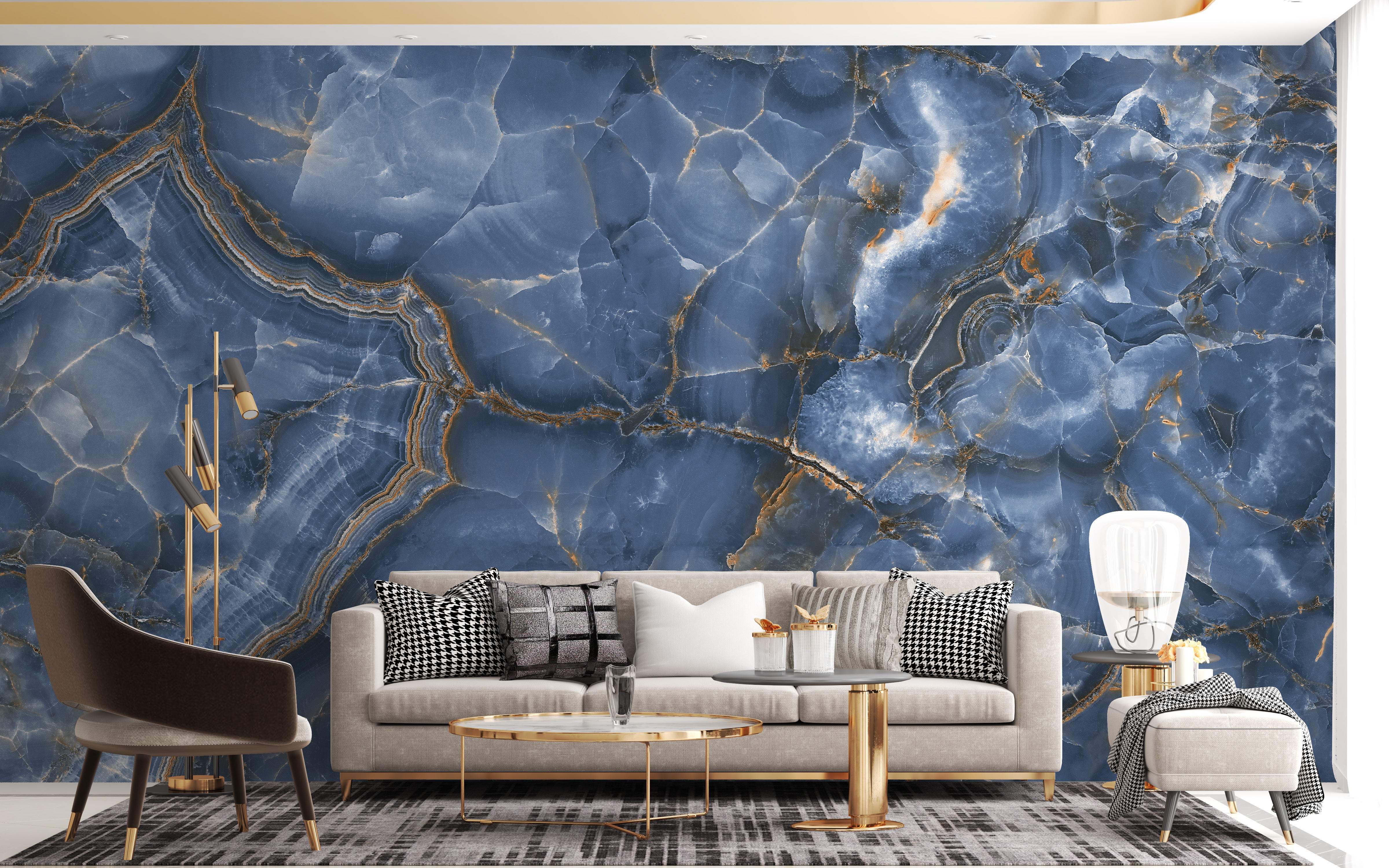 Onyx marble wallpaper in white and blue for luxurious decor