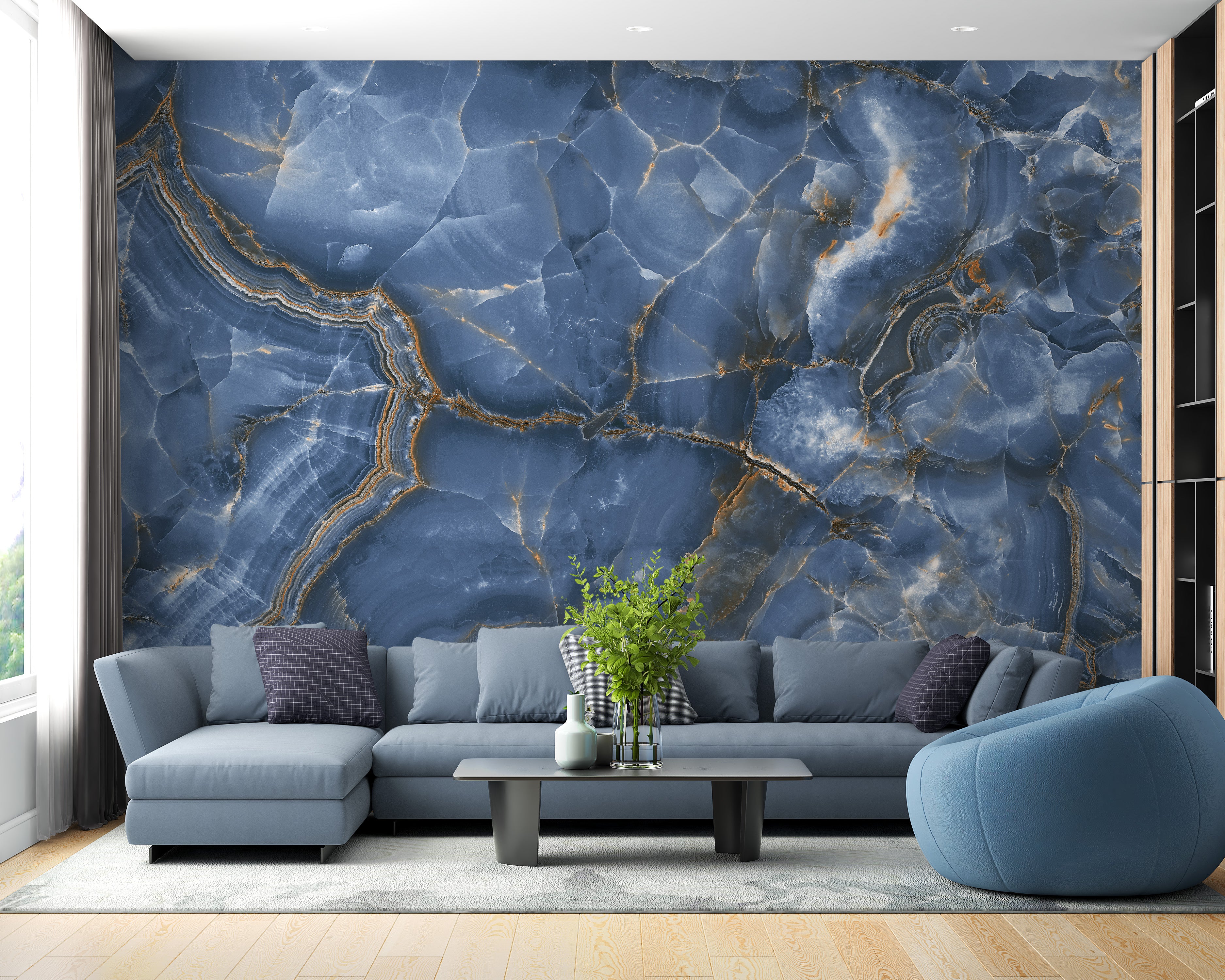 Blue and white onyx marble mural for modern spaces