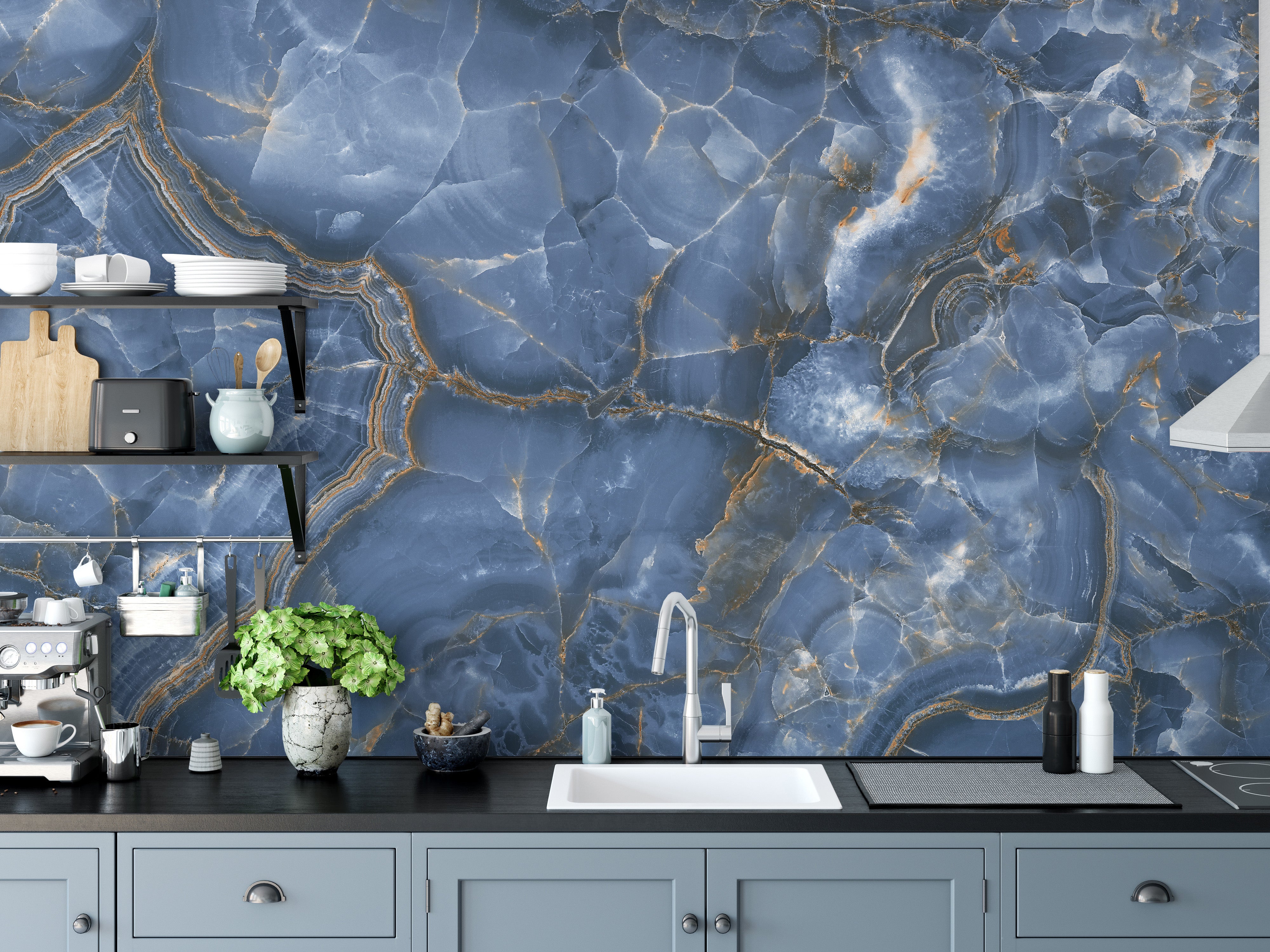 White and blue onyx marble wall art for upscale decor