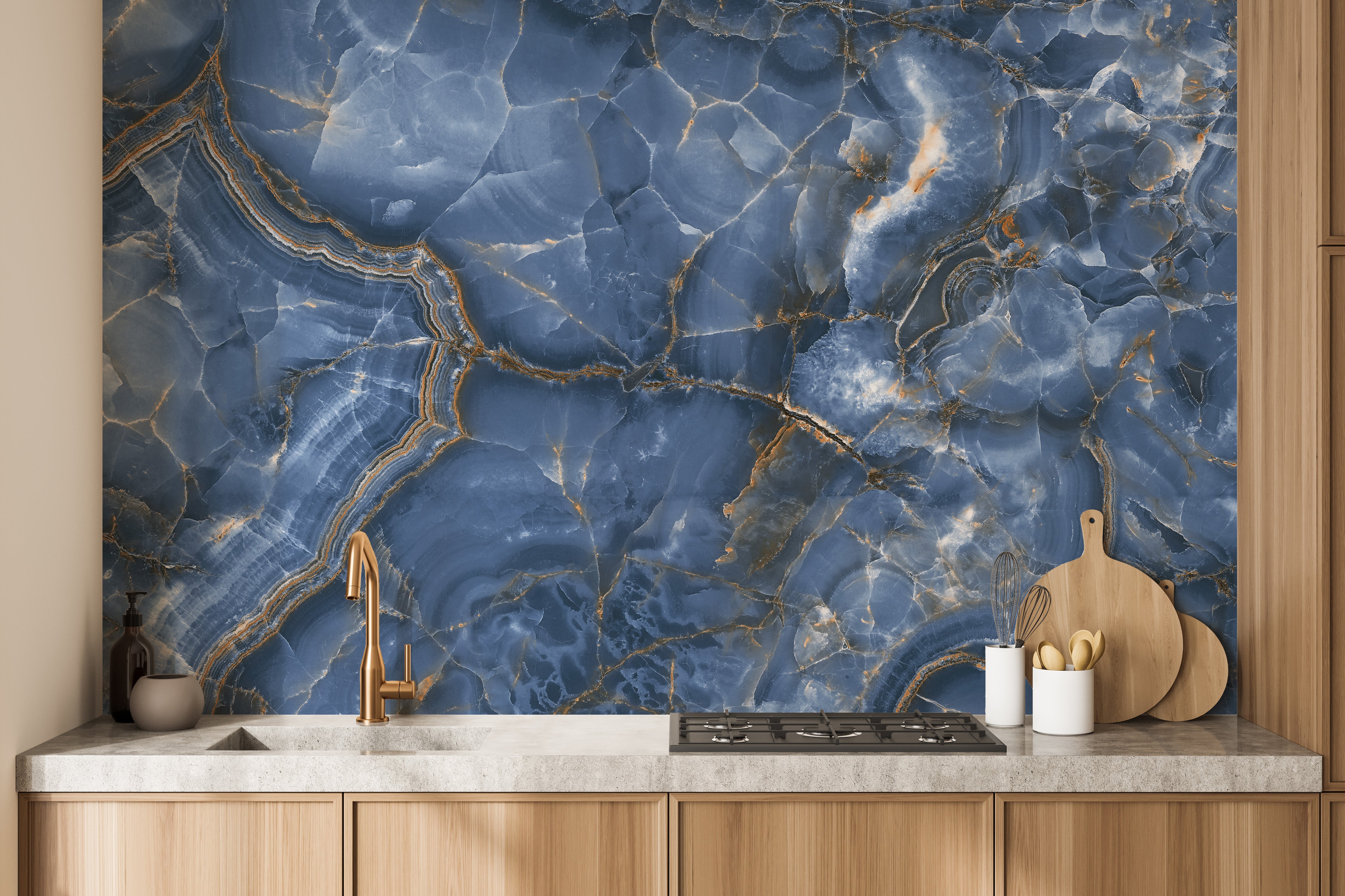 Onyx marble wallpaper in blue and white for stylish rooms