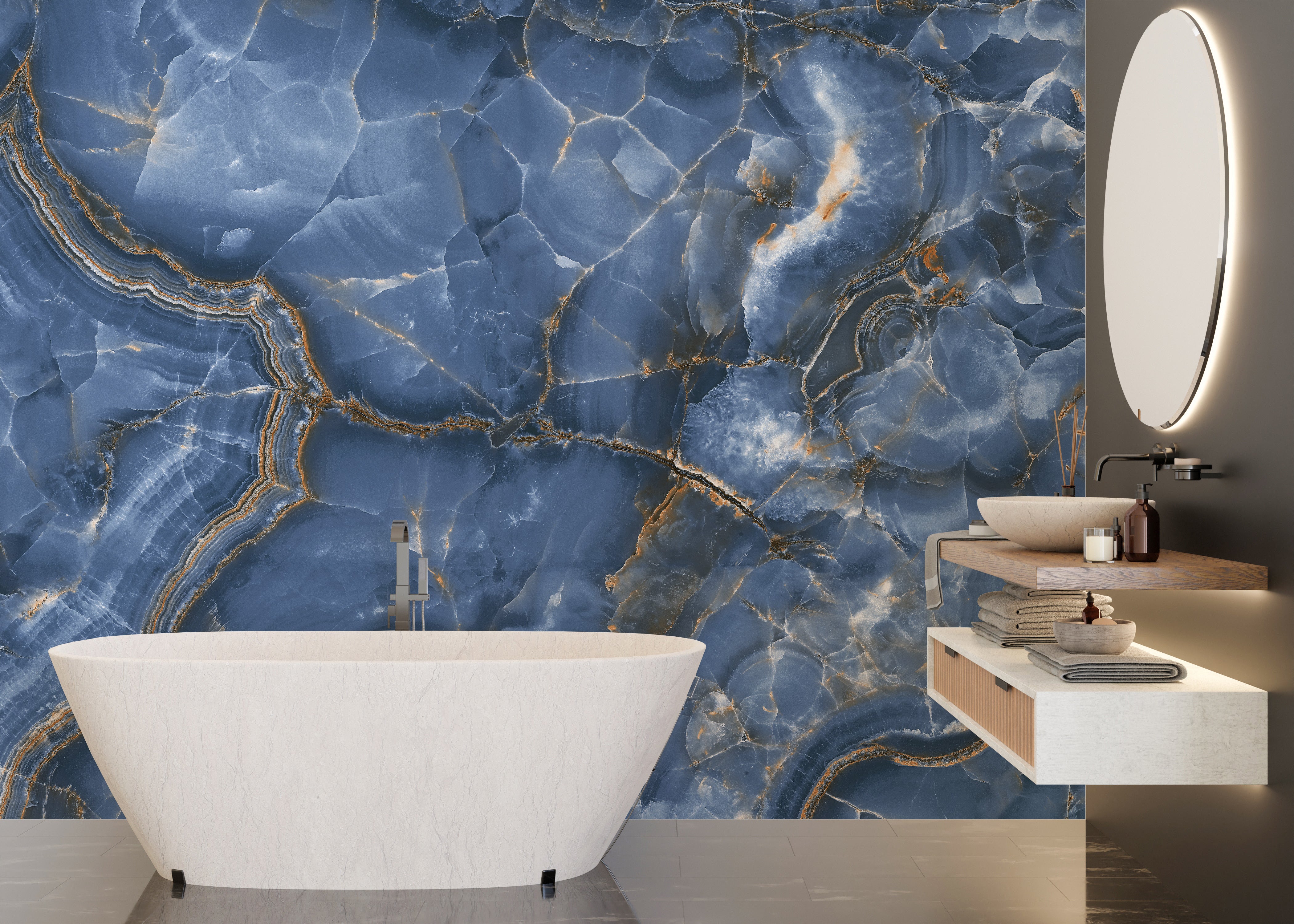 White & blue onyx marble wallpaper for chic room designs