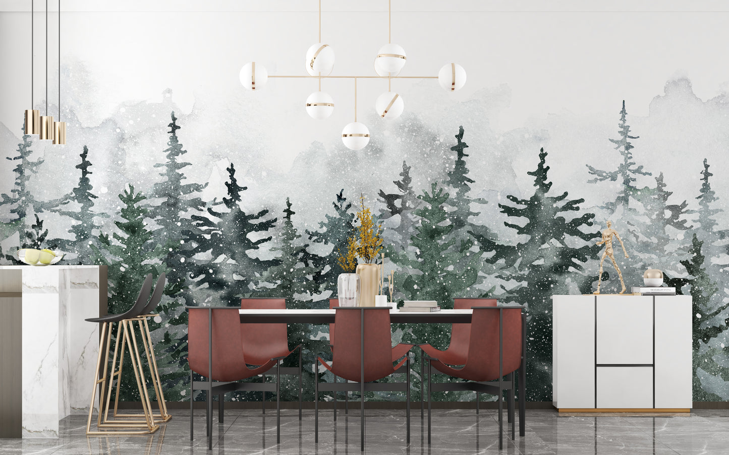 Misty pine forest wall art with Scandinavian flair