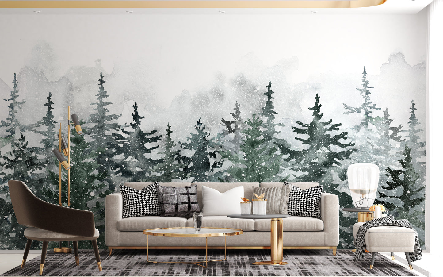 Scandinavian pine forest mural in soft green mist tones