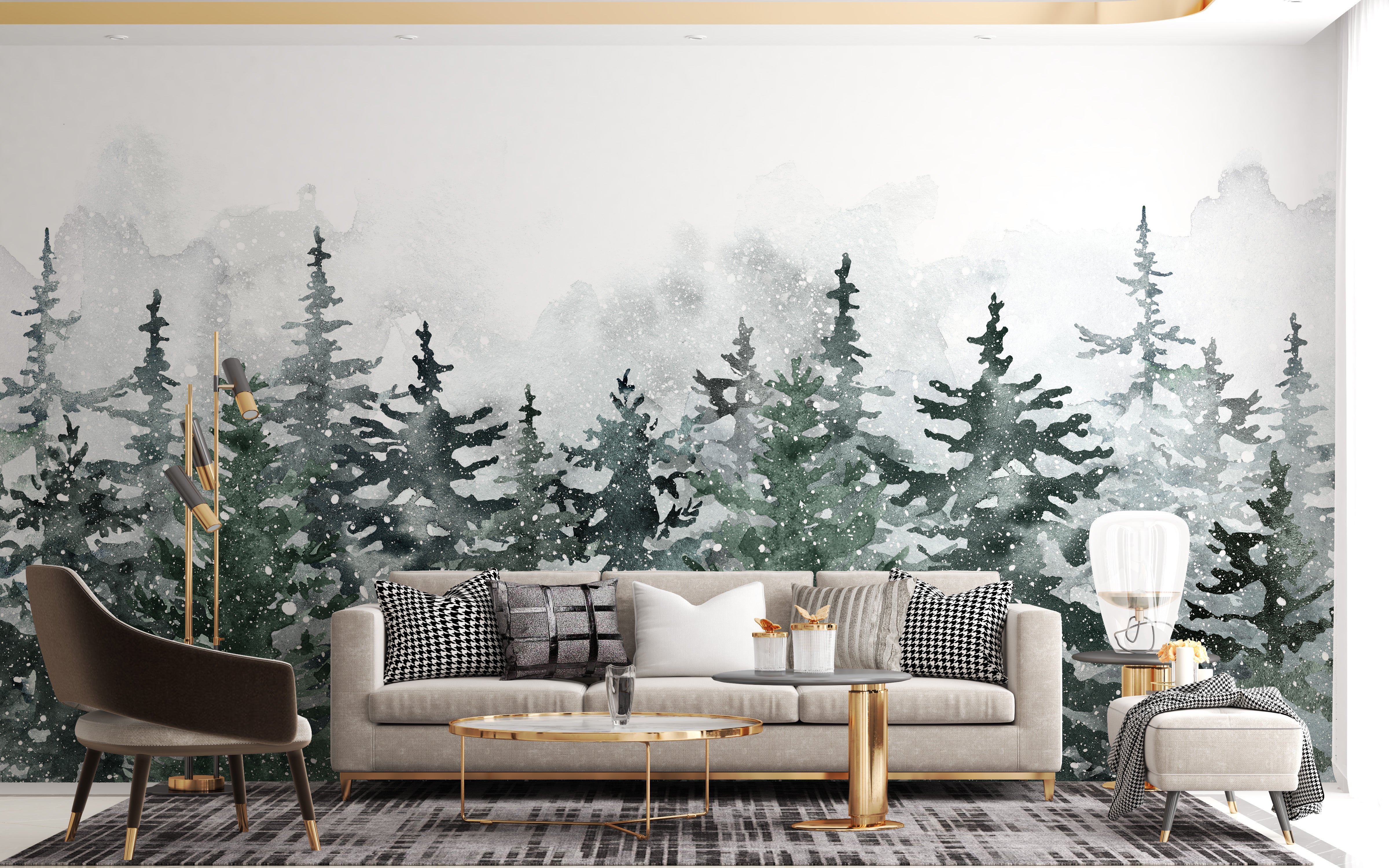 Scandinavian pine forest mural in soft green mist tones