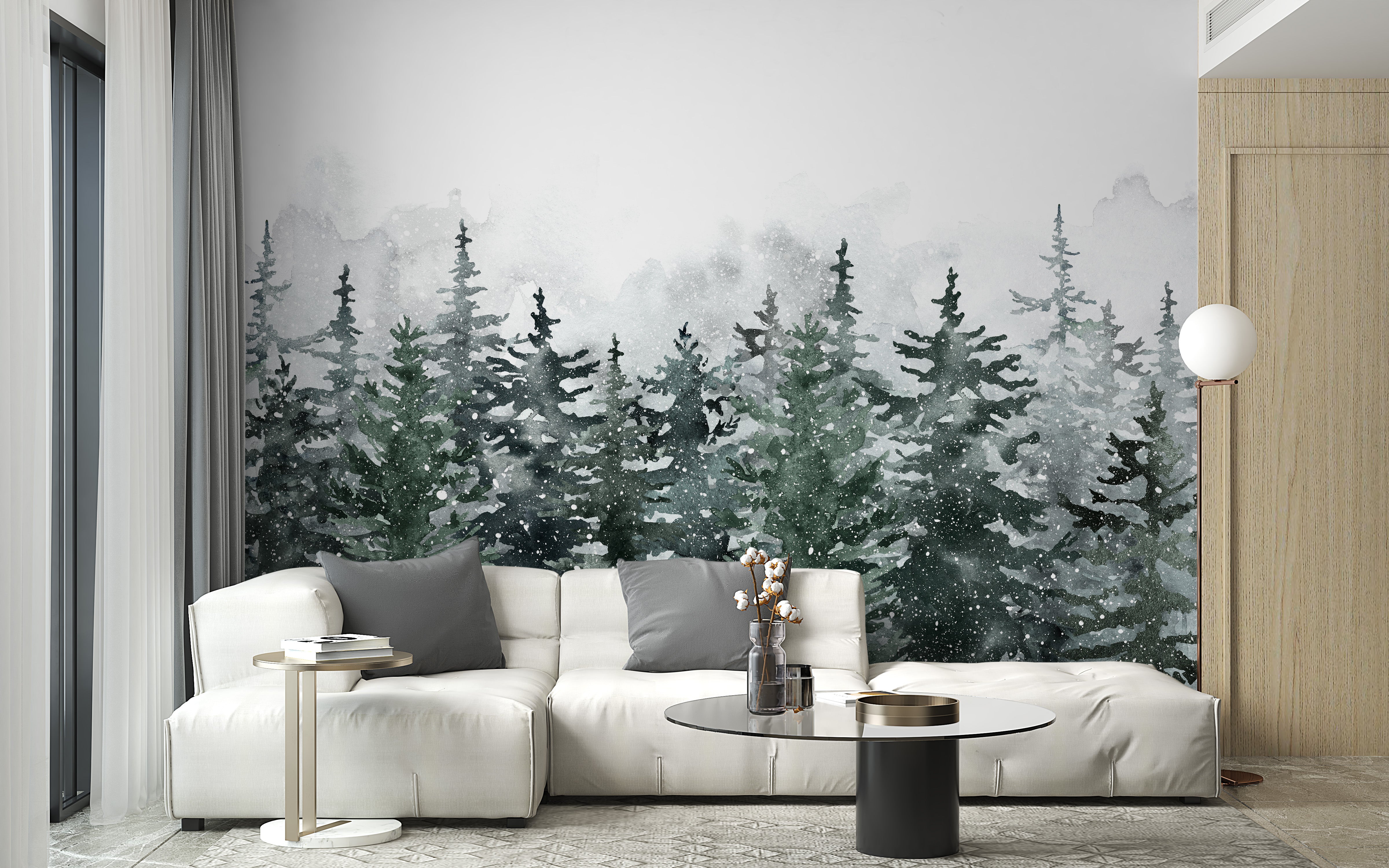 Tranquil misty green pine forest wallpaper for walls