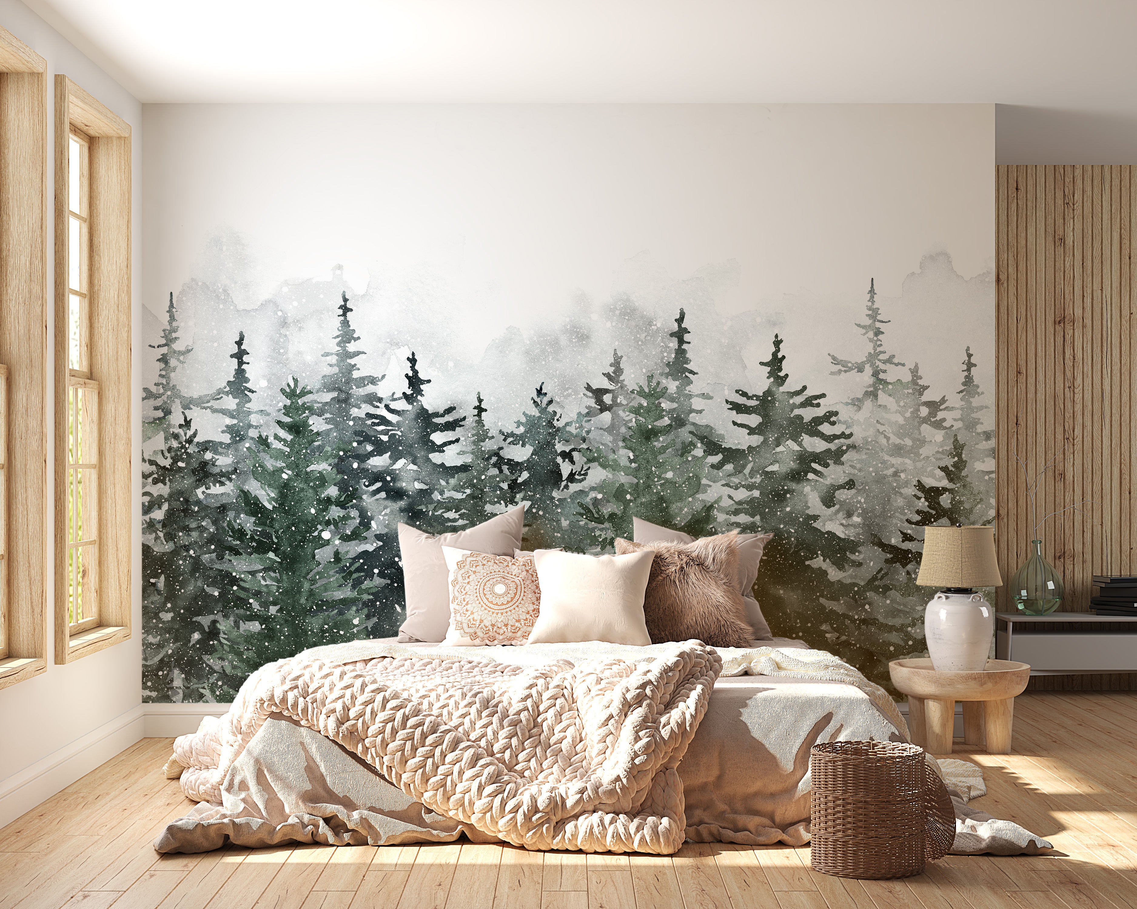 Misty Green Pine Forest Scandinavian Wallpaper Mural