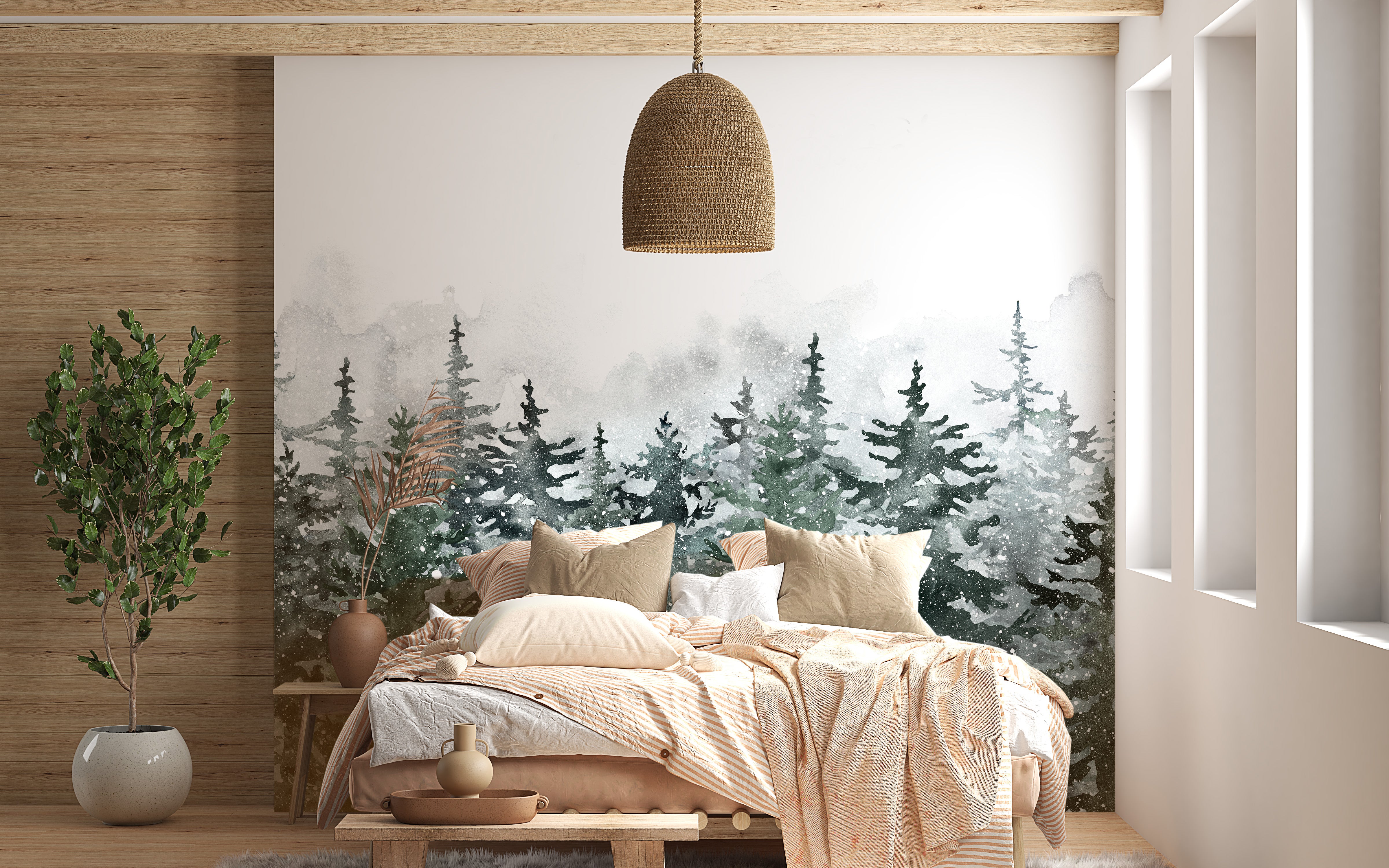 Pine tree forest mural in misty green for Scandinavian style