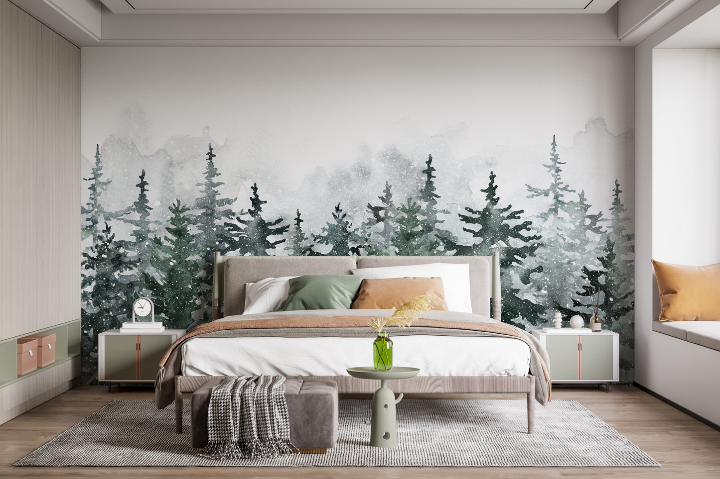 Misty green pine forest mural for Scandinavian decor