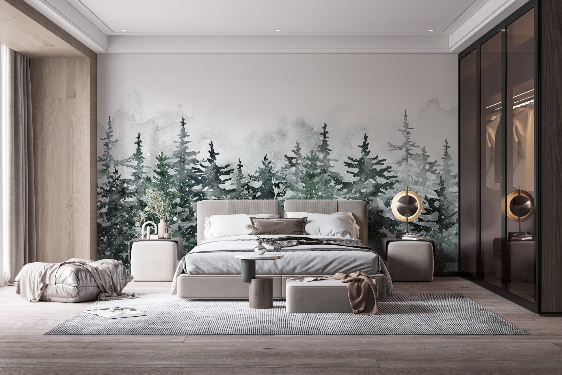 Scandinavian pine forest wallpaper in misty green tones