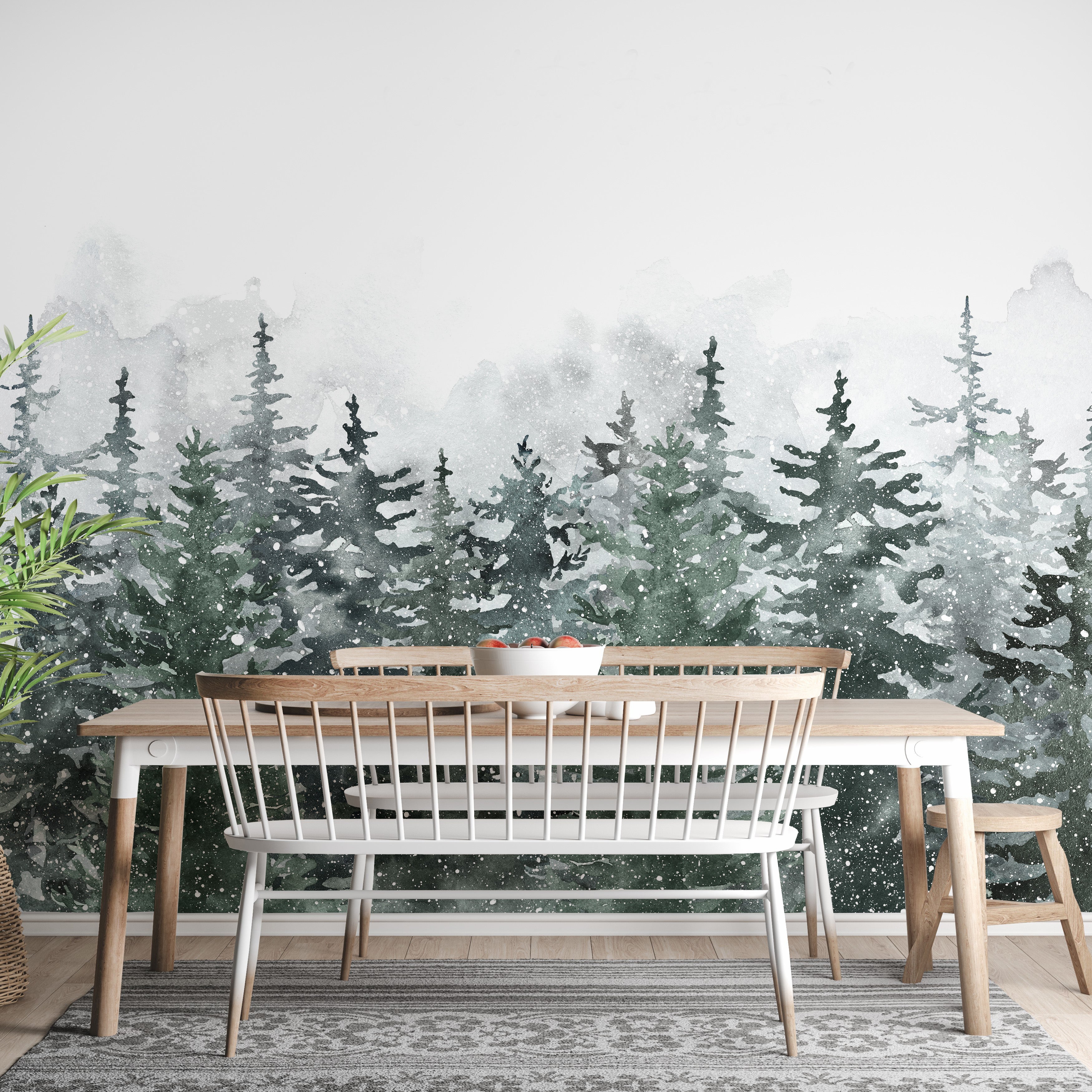 Misty green pine trees wallpaper for nature-inspired rooms