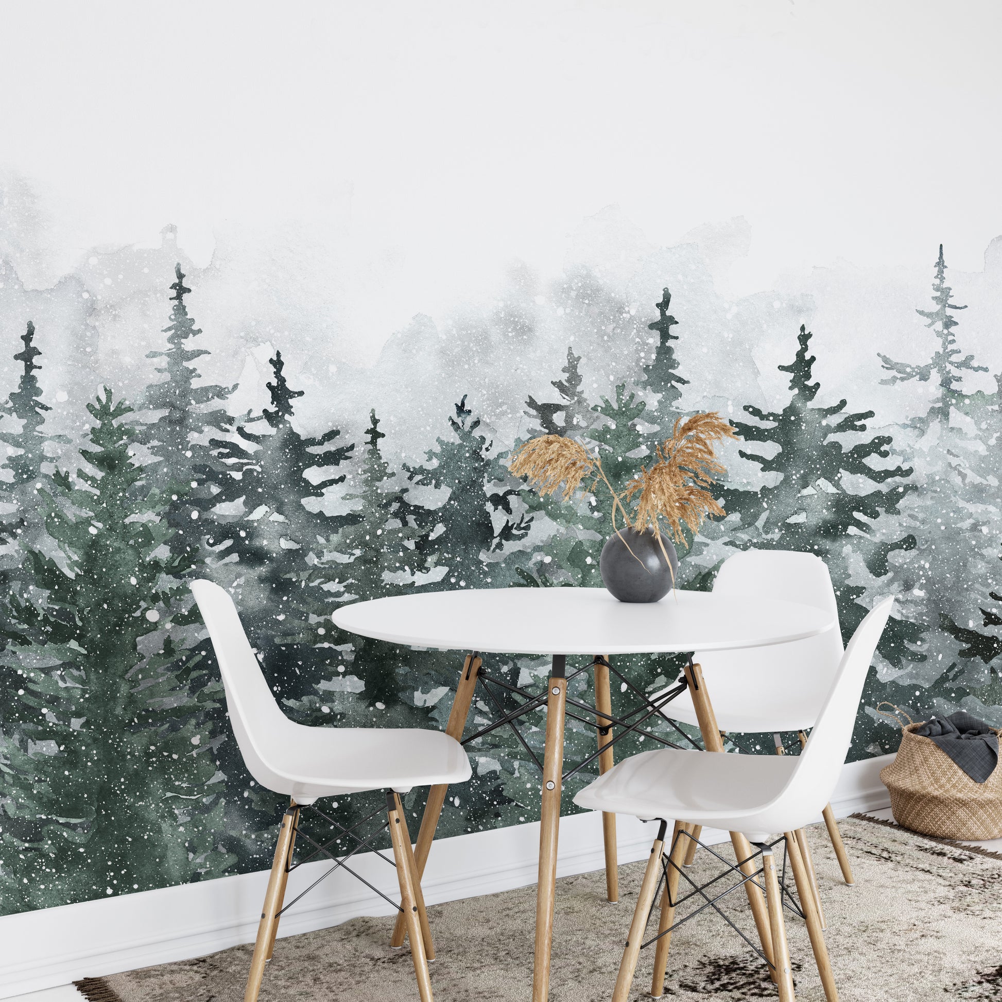 Scandinavian-style pine forest mural with misty green hues