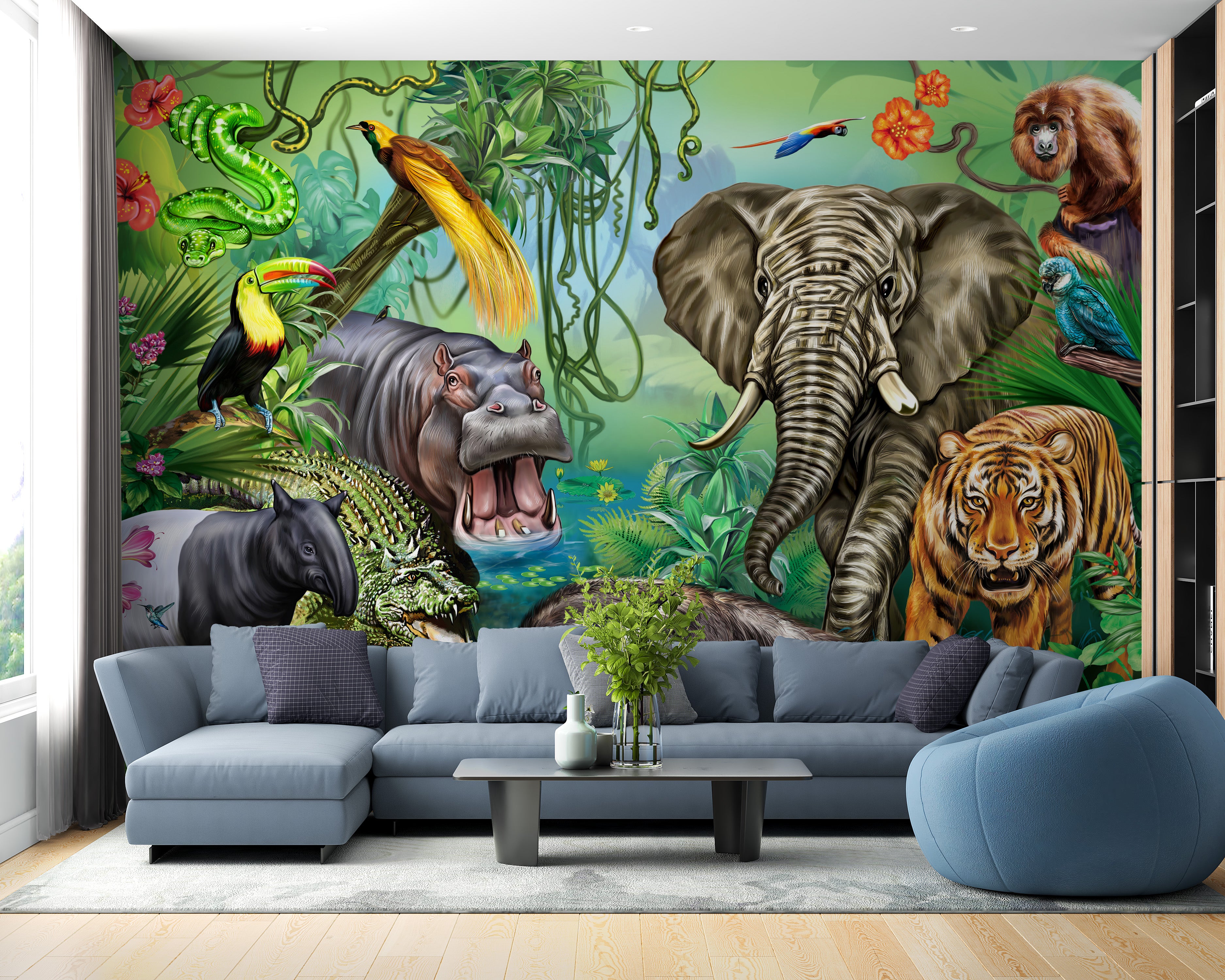 Green forest mural with wildlife for playful room designs