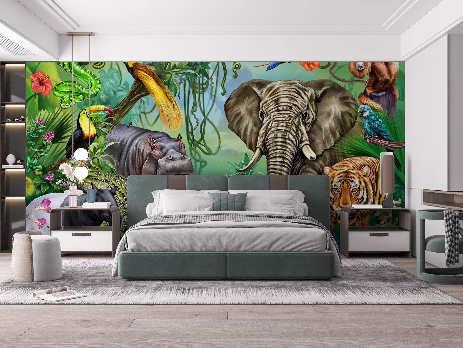 Nature-inspired green forest mural for kids' room decor