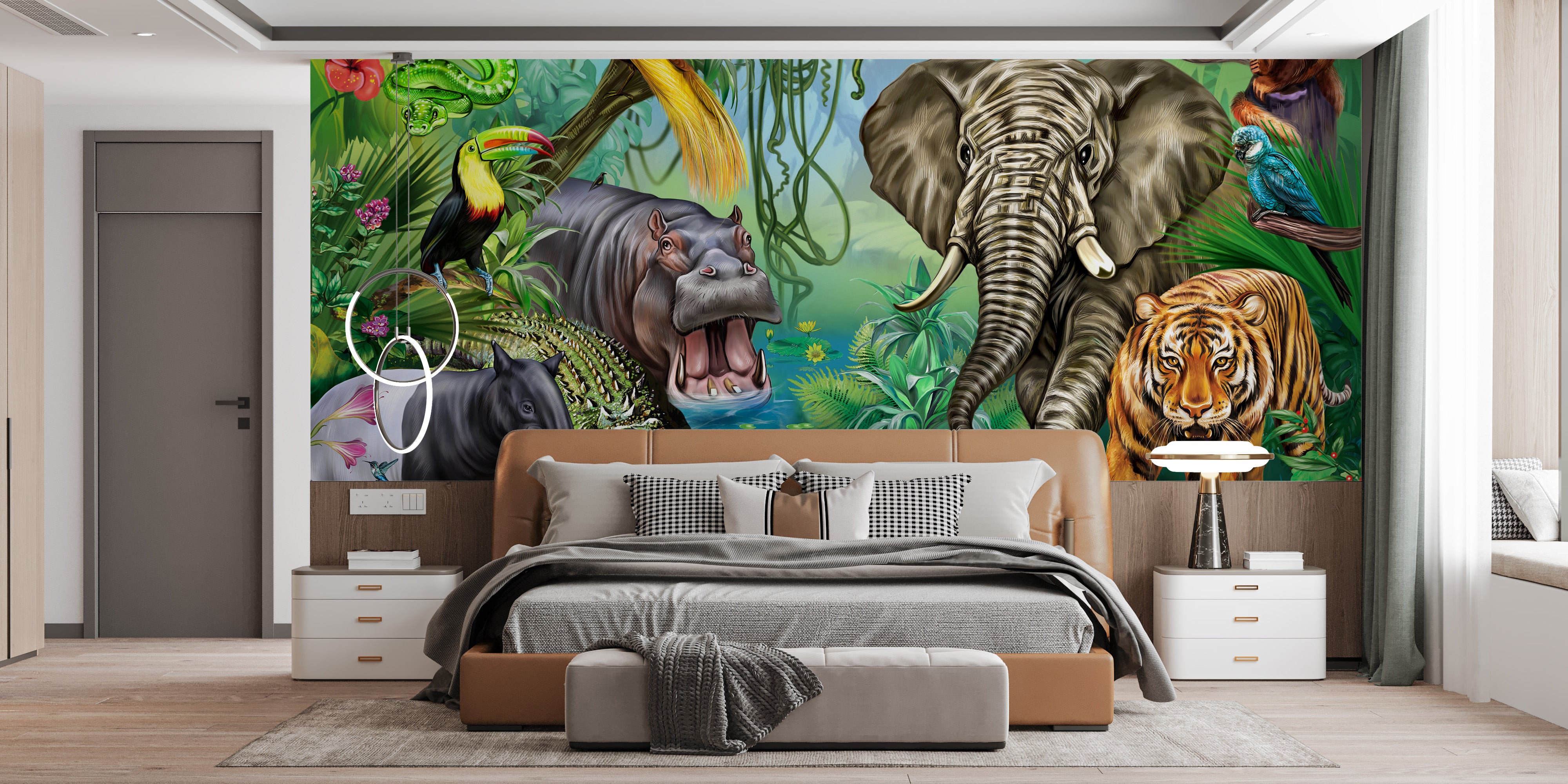 Green forest wildlife mural for vibrant children's spaces