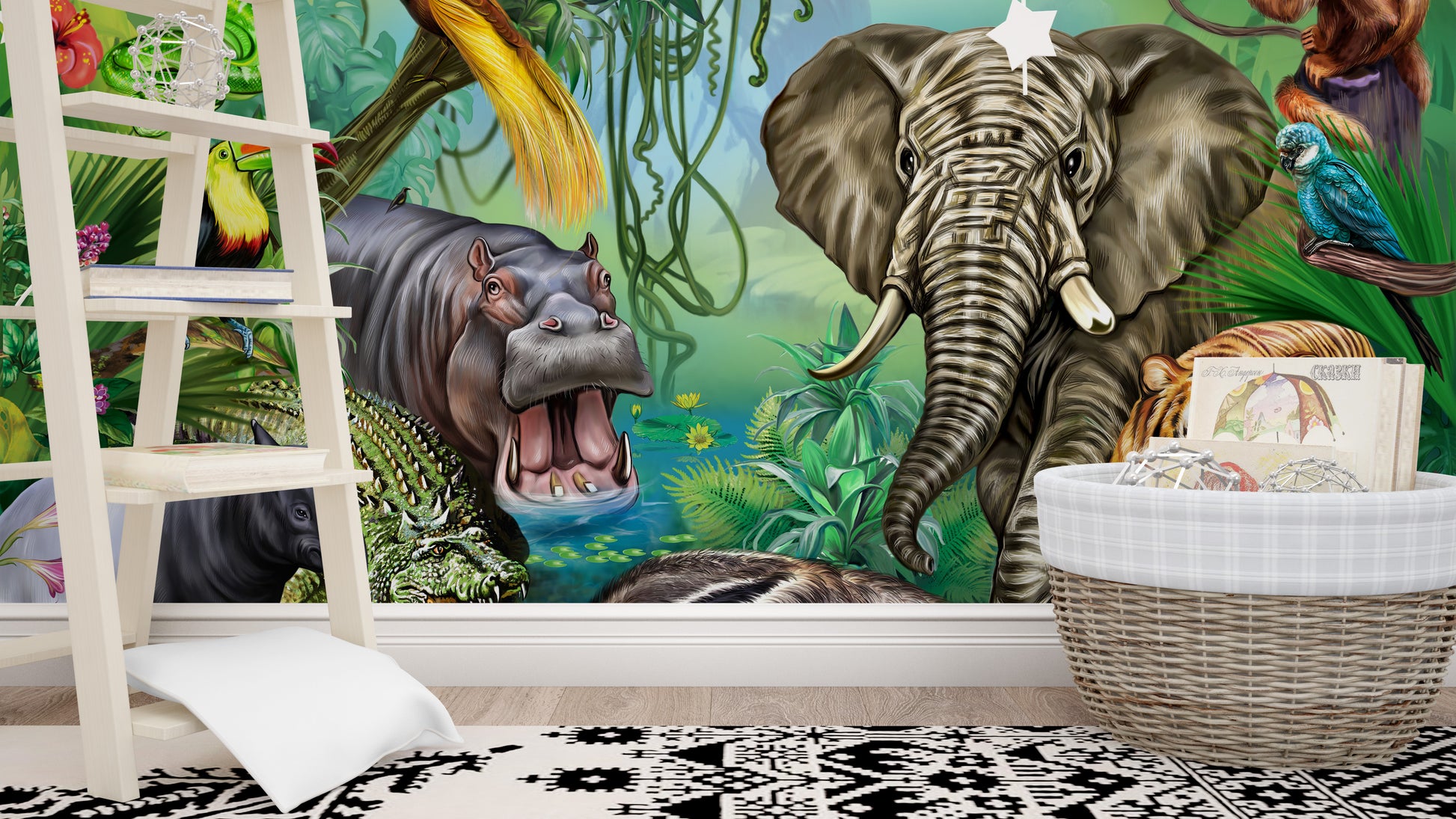 Kids room mural featuring wildlife in green forest