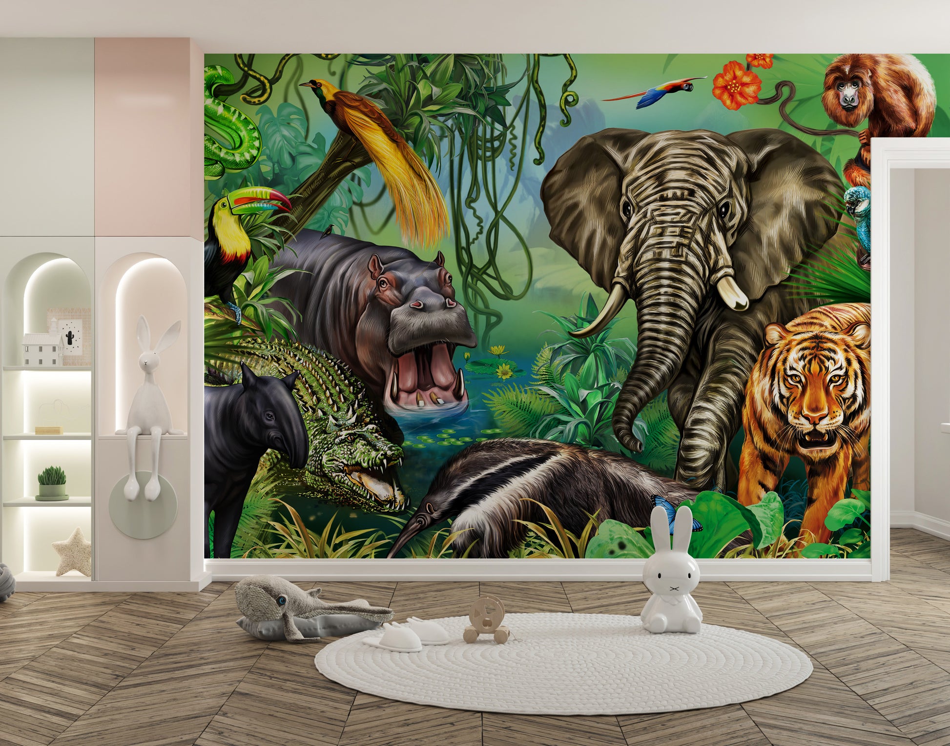 Green forest wildlife wallpaper for kids' room decor