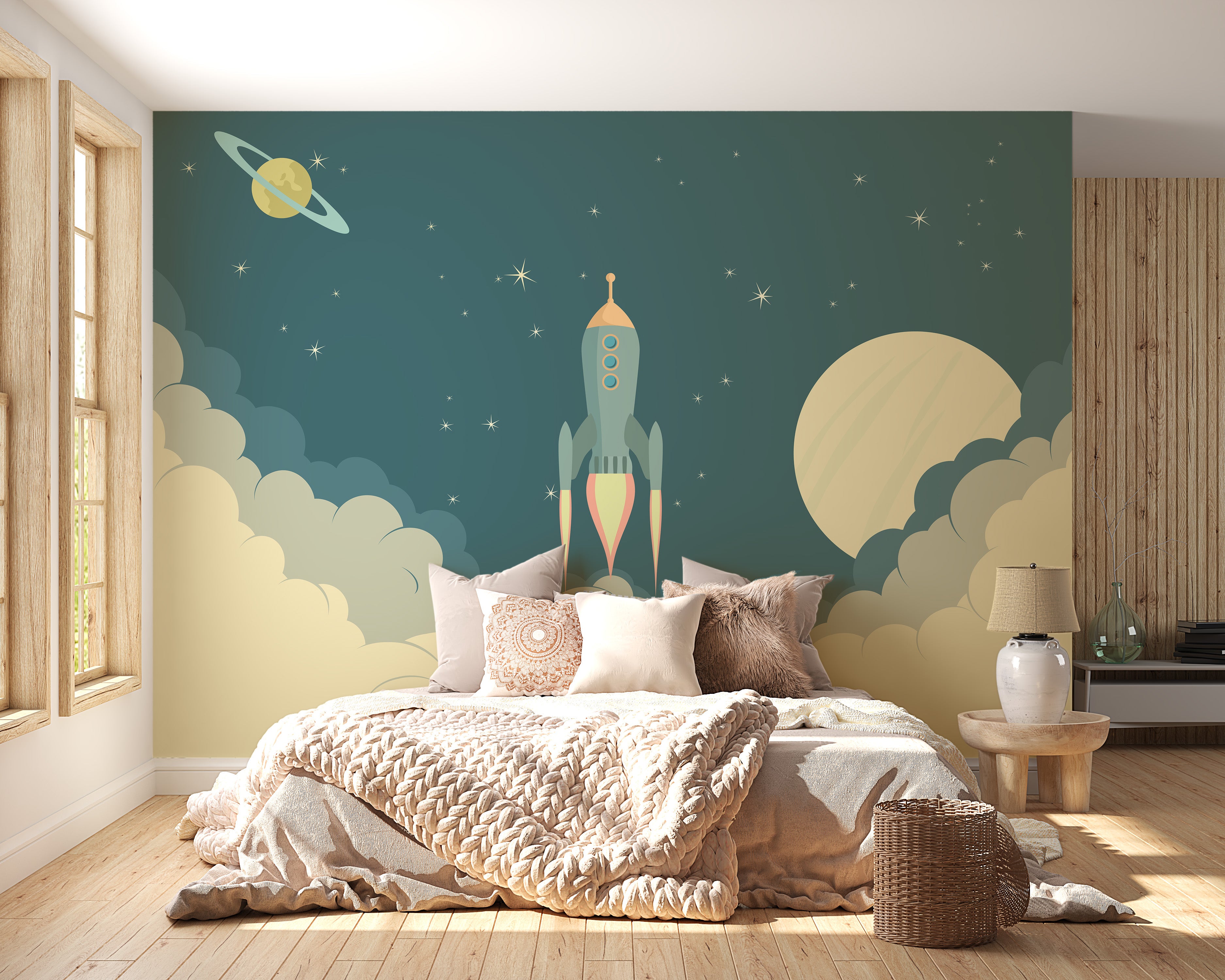 Kids room rocket launch mural with cartoon design