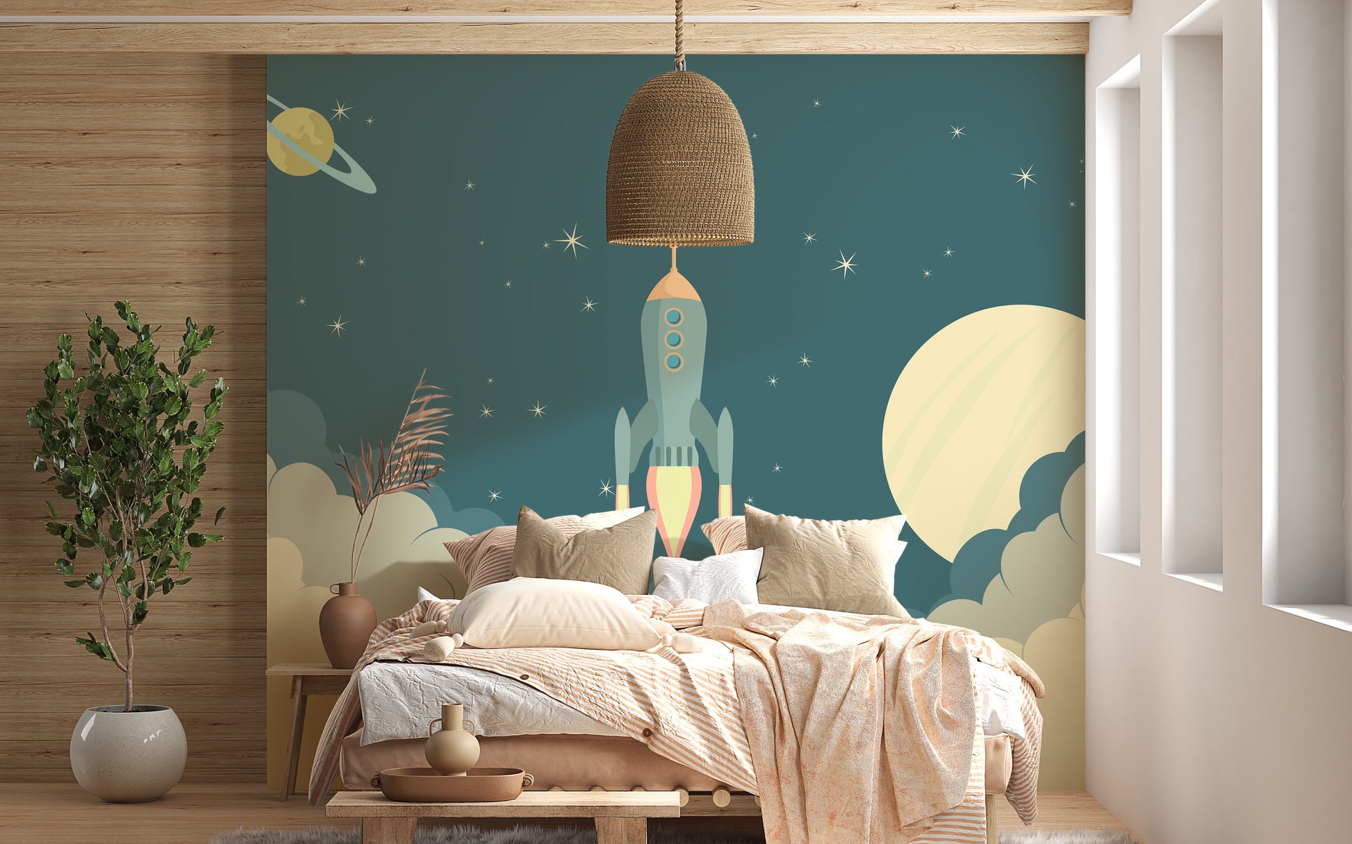 Fun rocket launch wallpaper for kids' playful spaces