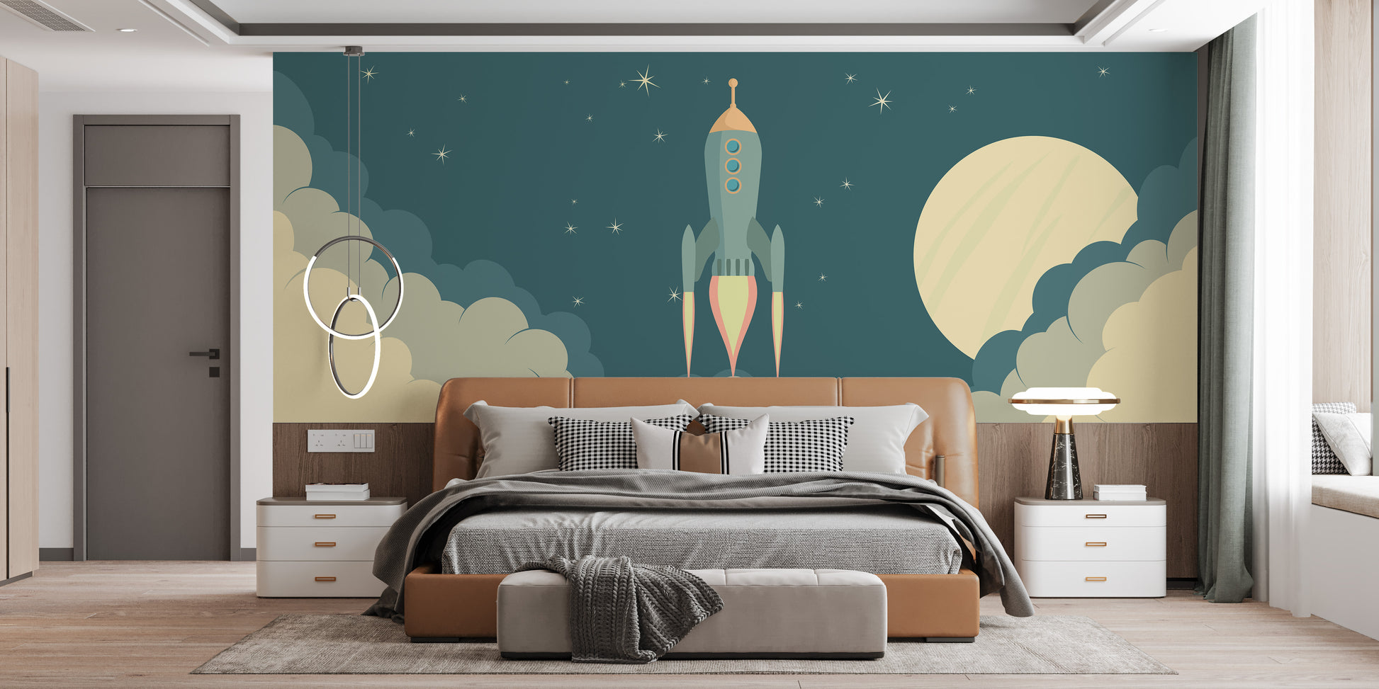 Space-themed cartoon rocket mural for children's walls