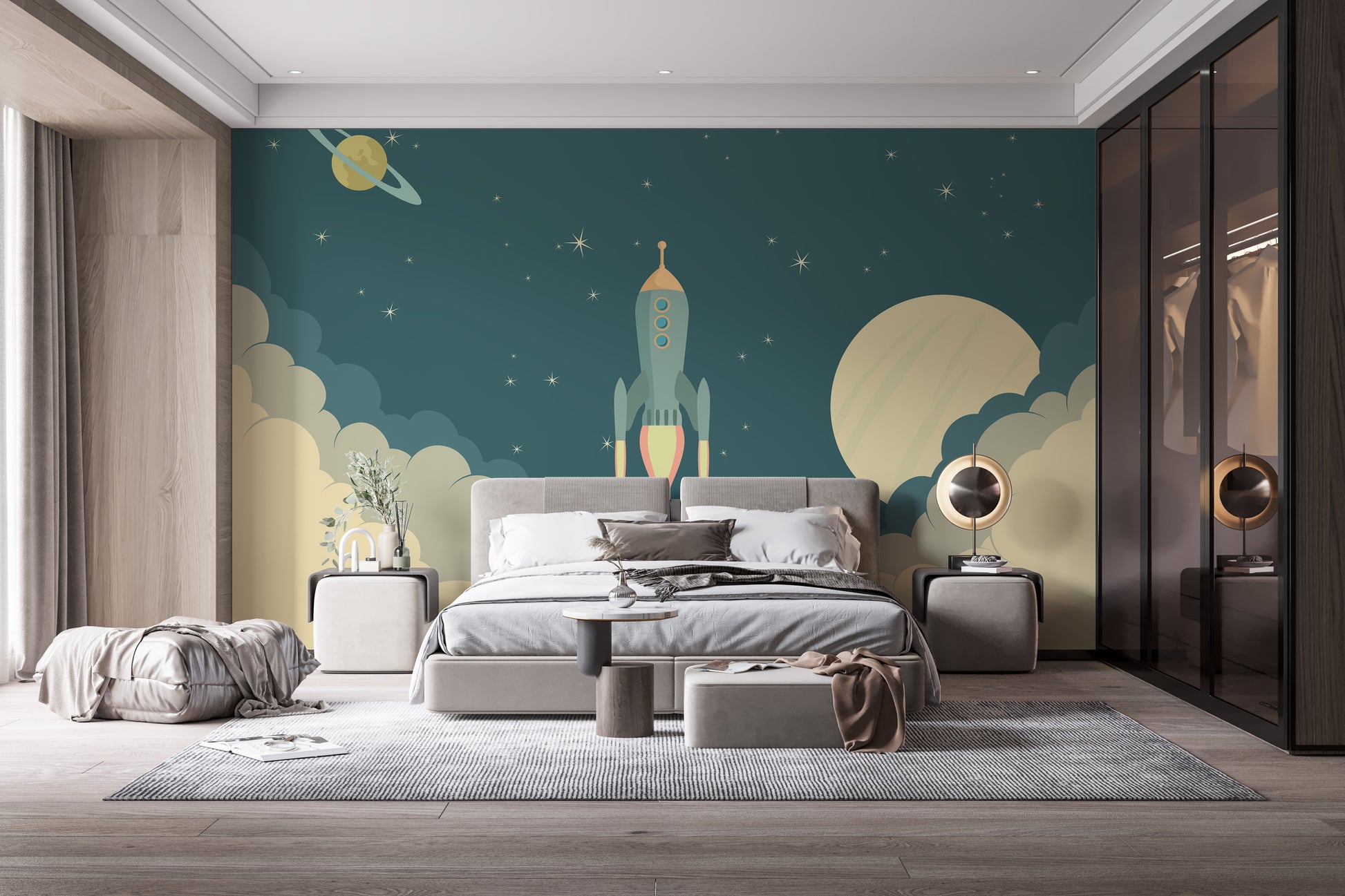 Cartoon rocket wallpaper for energetic kids' room decor