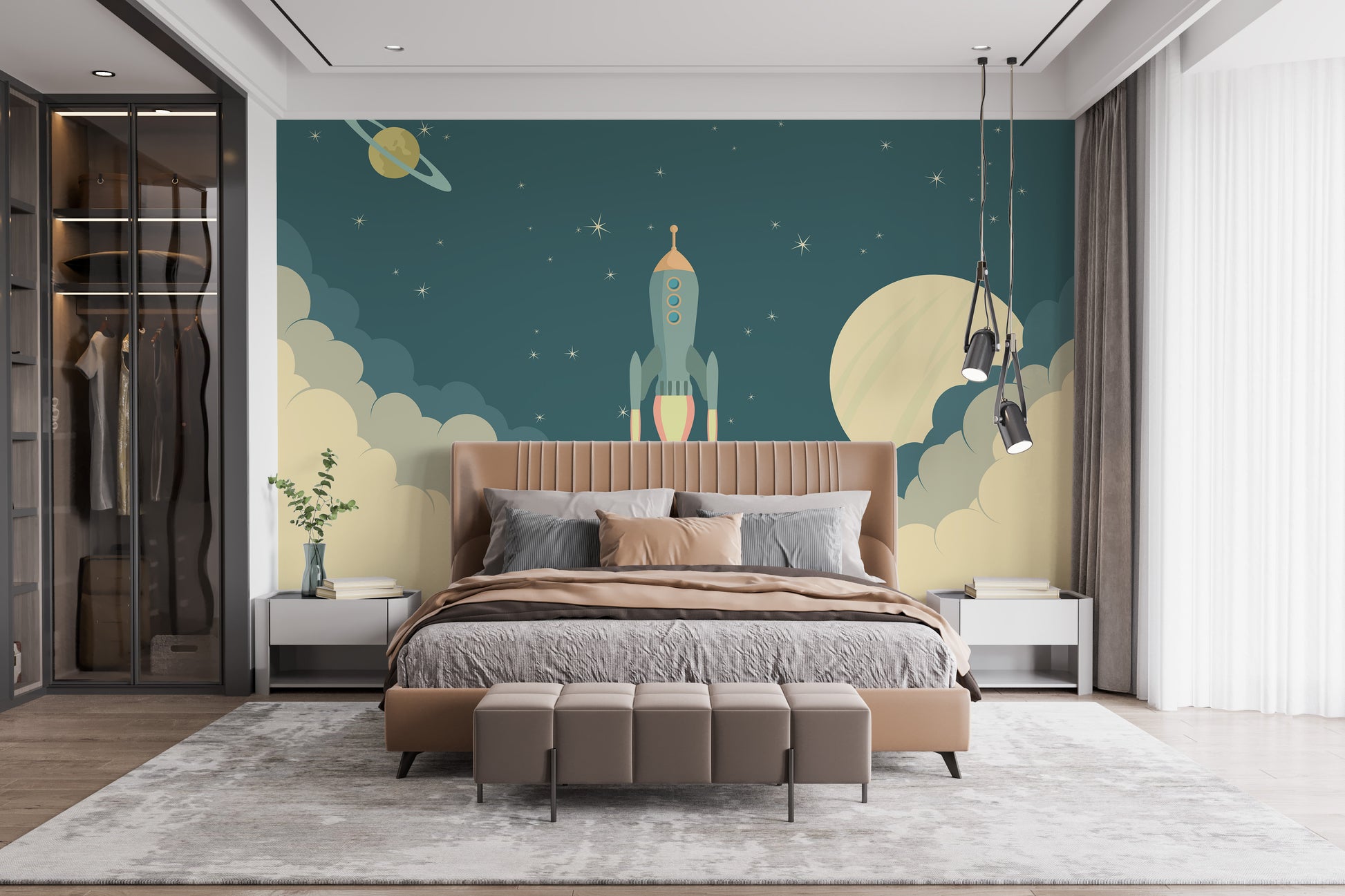 Kids launch rocket mural for imaginative wall design