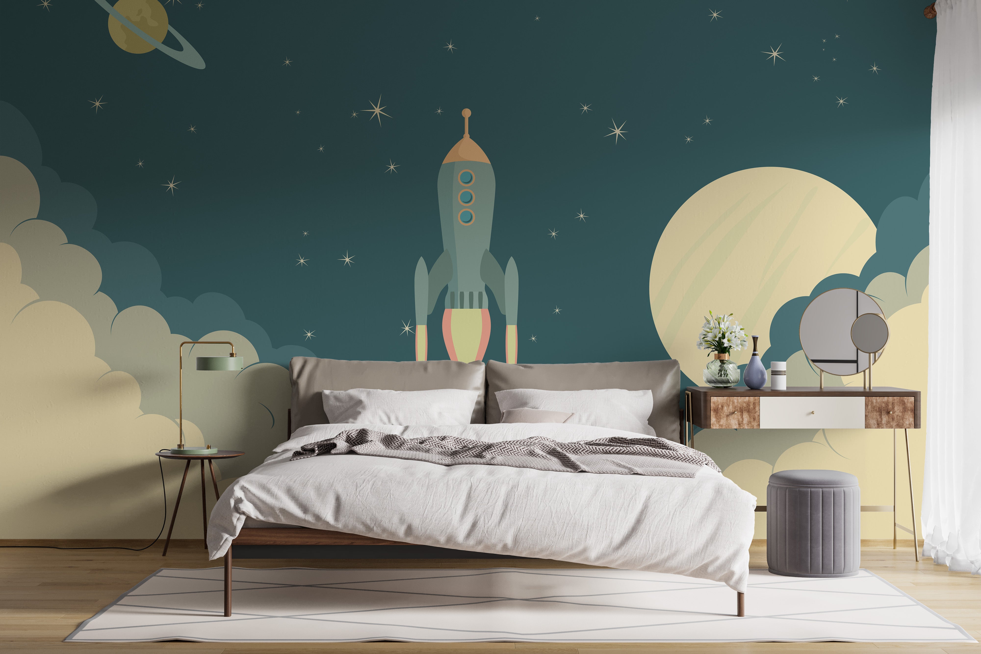 Fun space adventure rocket wallpaper for kids' rooms