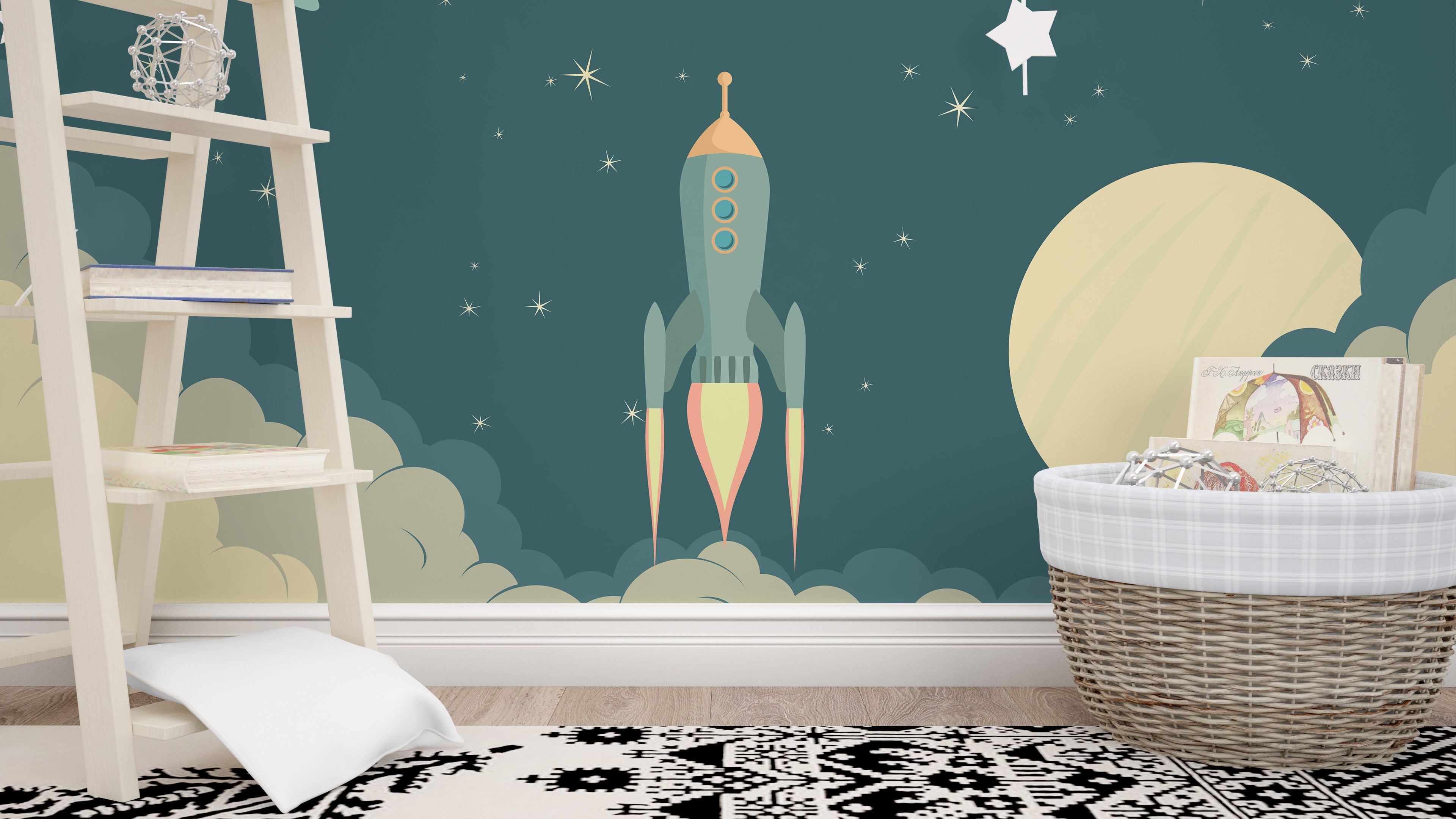 Launch rocket cartoon wallpaper for kids' room decor