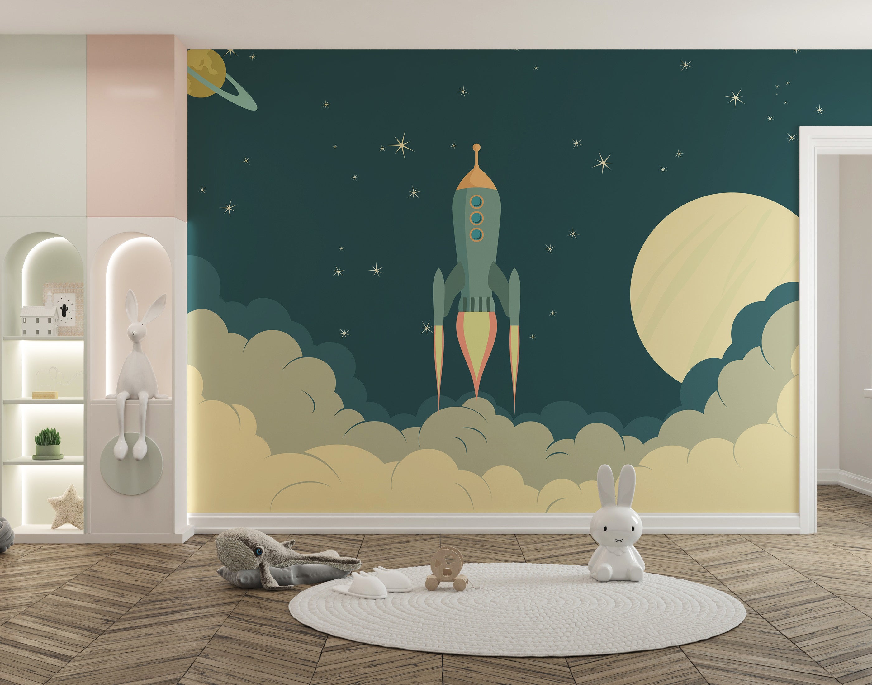 Kids rocket launch wallpaper mural for adventurous rooms