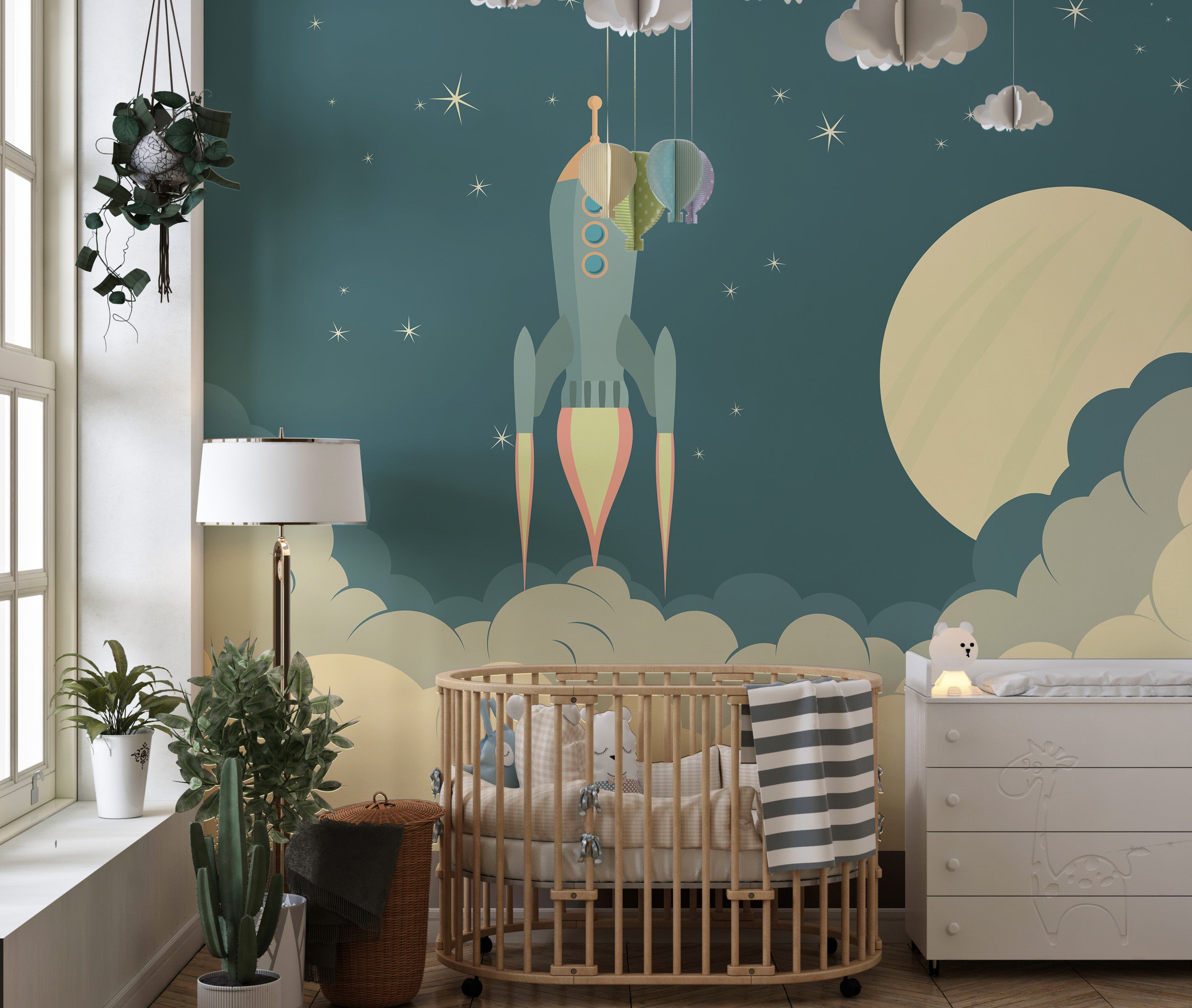 Cartoon rocket mural for fun kids' space-themed room