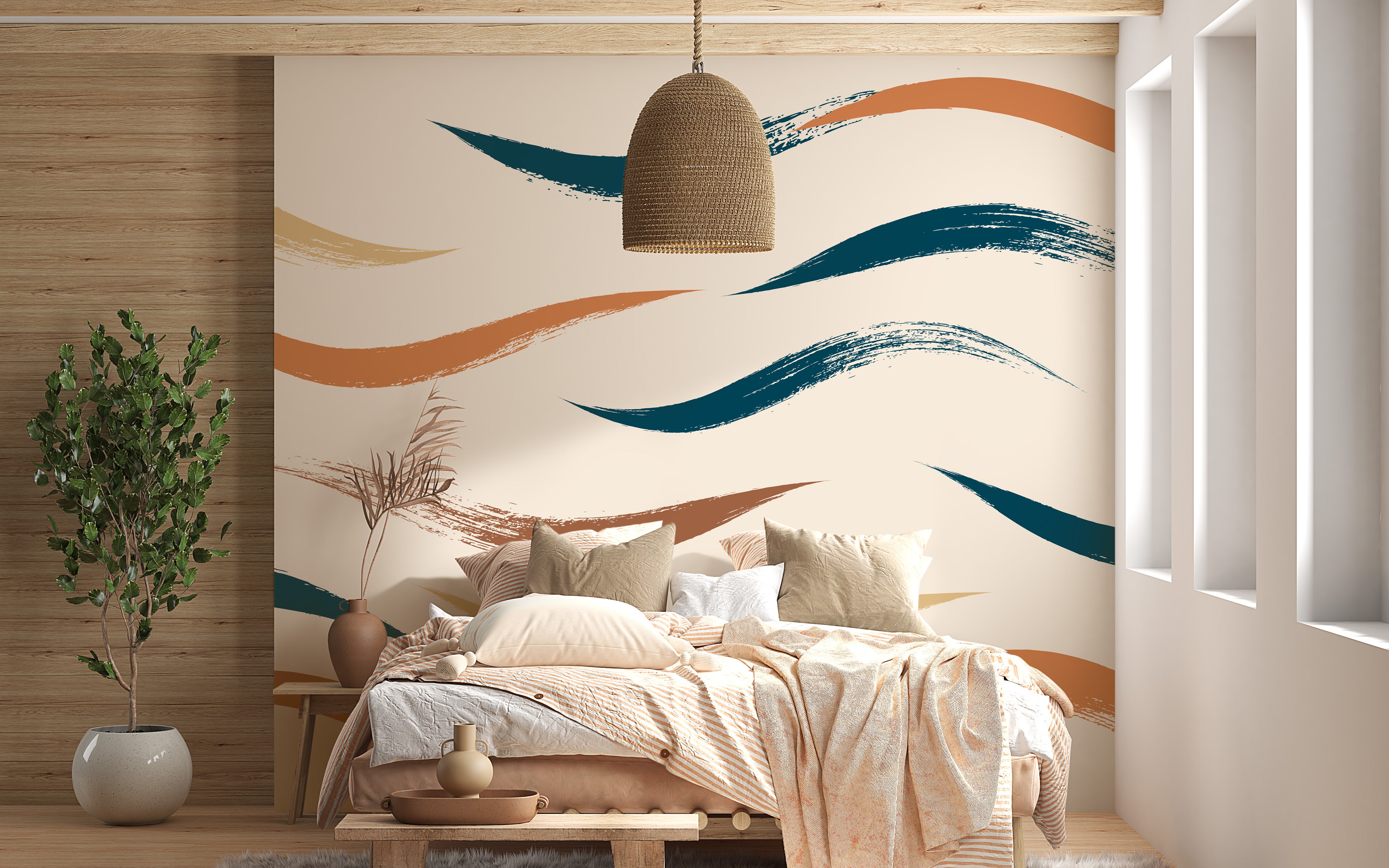 Subtle Beige Wavy Pattern Wallpaper for Living Rooms