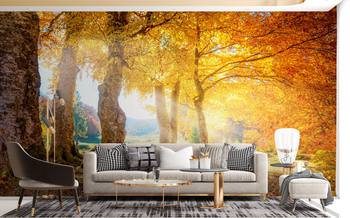 Fall Yellow Leaves Forest Mural for Cozy Interiors