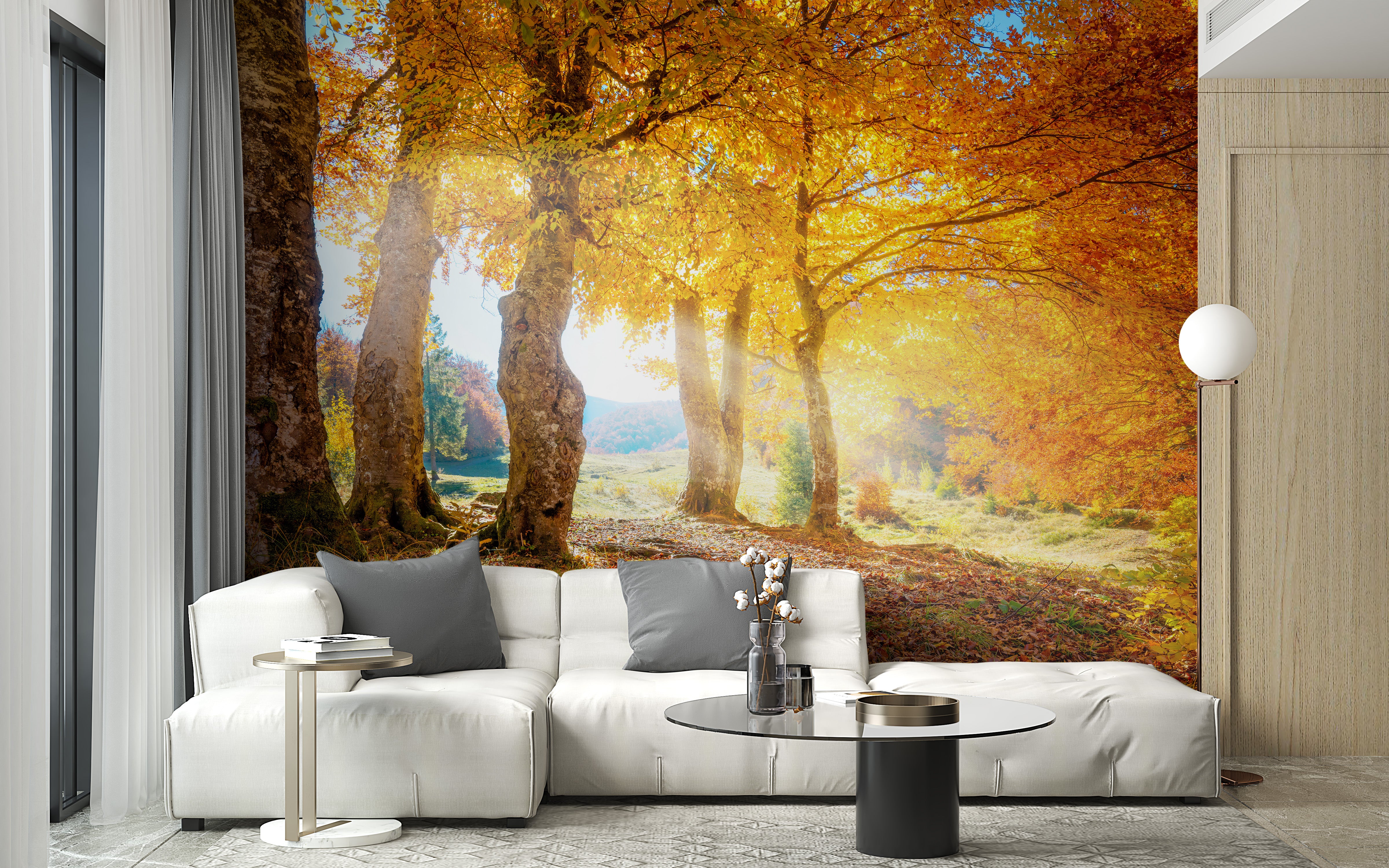 Yellow Autumn Leaves Forest Wallpaper Mural for Walls