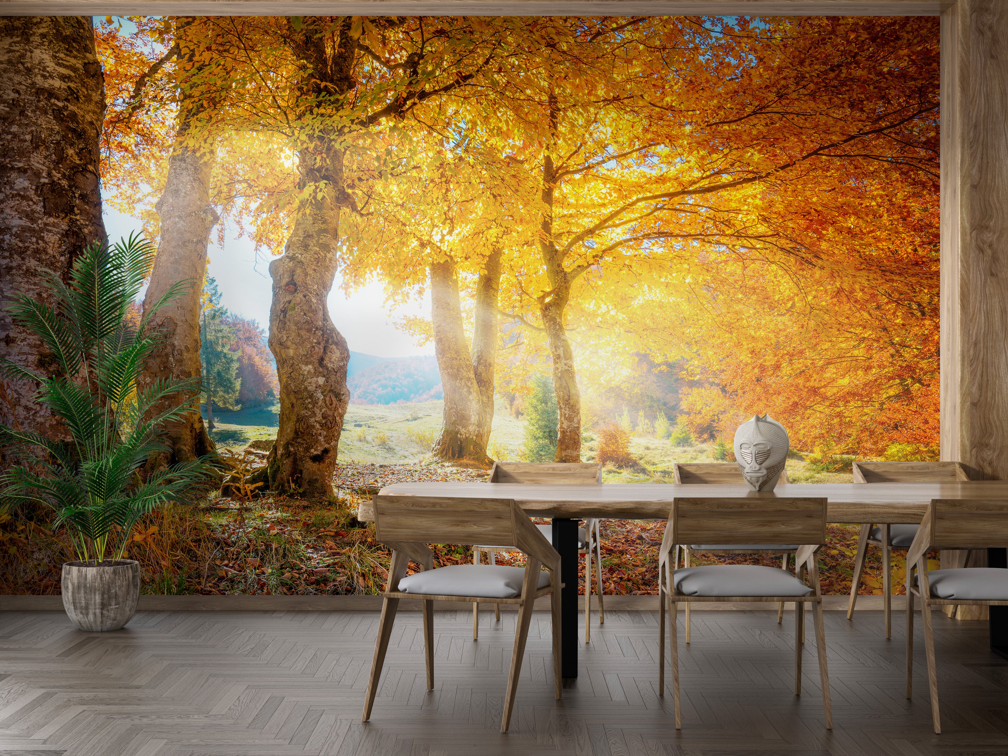 Autumn Leaves Forest Wallpaper Mural in Yellow Hues