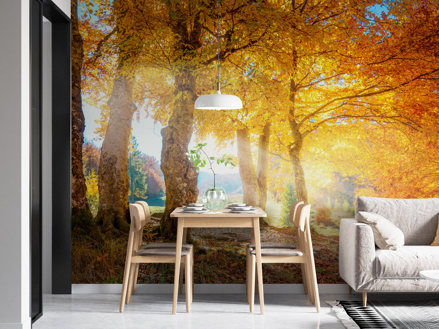 Warm Autumn Yellow Leaves Forest Mural for Bedrooms