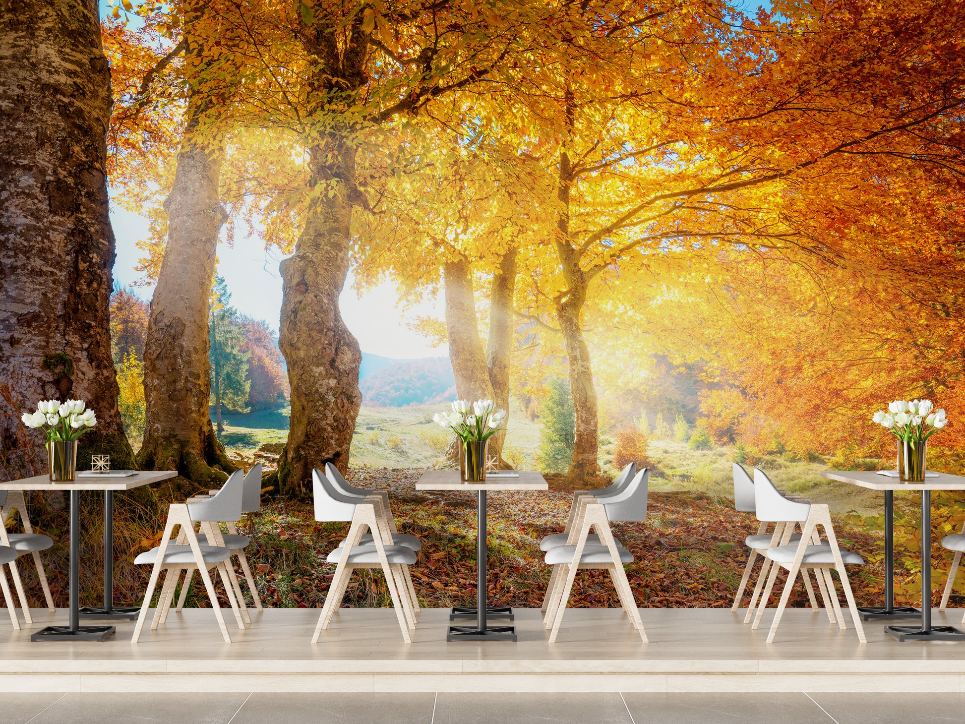 Golden Yellow Autumn Leaves Forest Wallpaper Mural