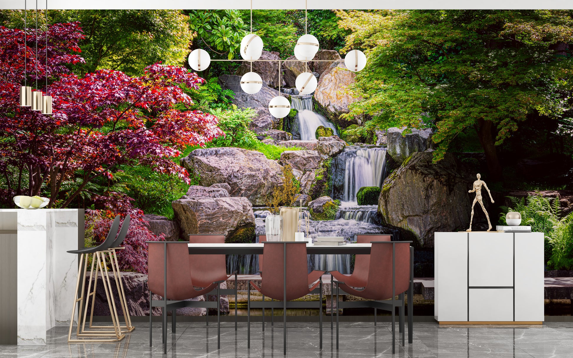 Tranquil Garden Waterfall Mural for Peaceful Rooms