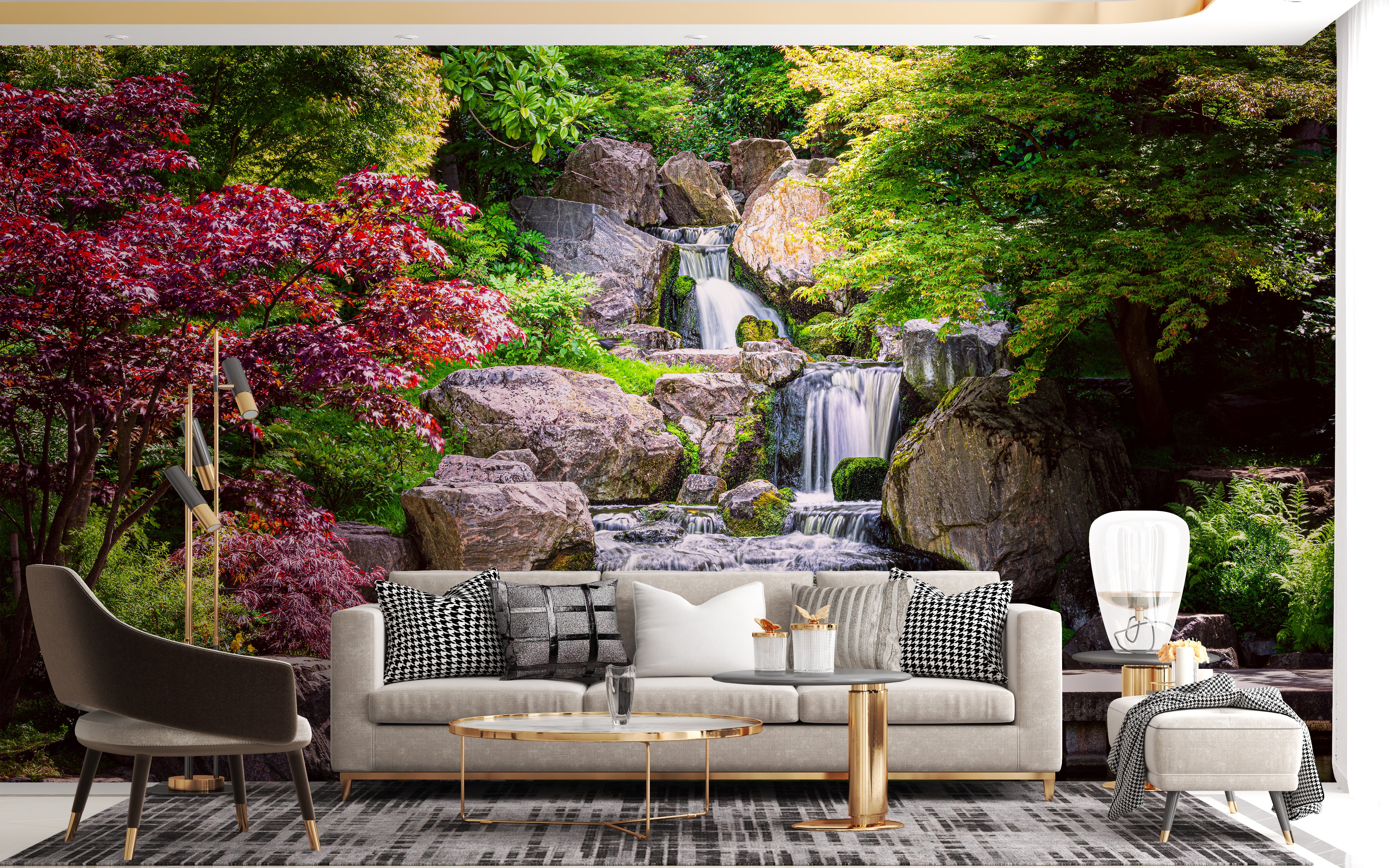 Nature-Inspired Garden Waterfall Wallpaper Mural