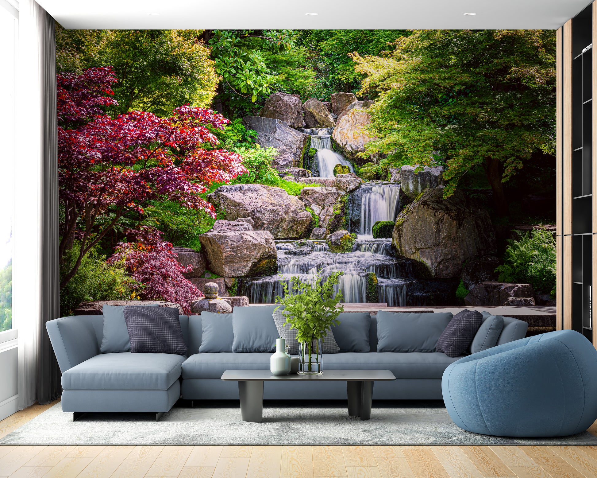 Serene Garden Waterfall Mural for Living Rooms