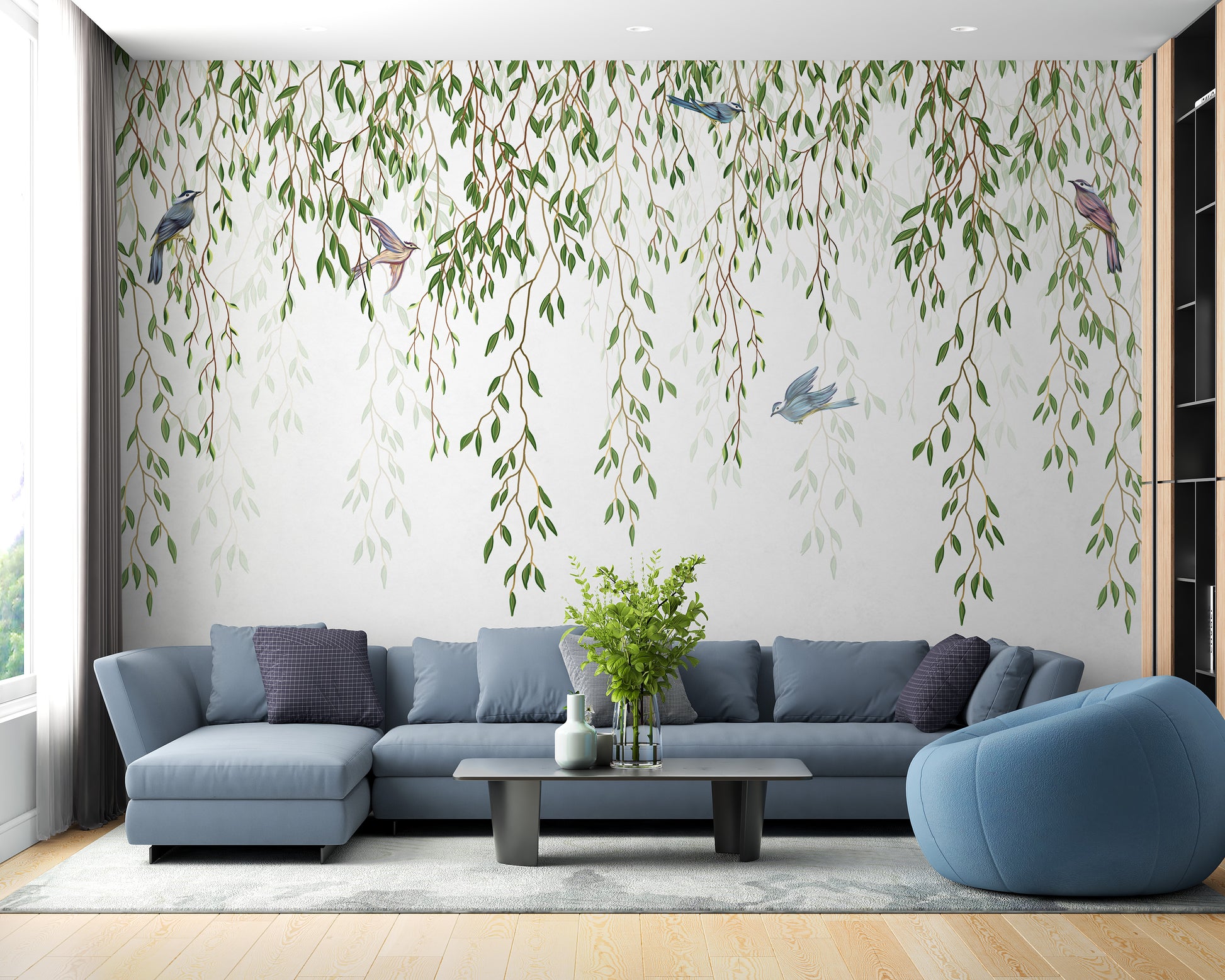 Tranquil Birds and Willow Branches Mural for Interiors