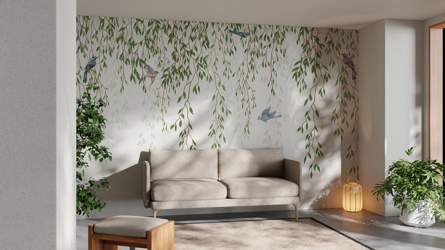 Peaceful Willow Branches and Birds Mural for Bedrooms