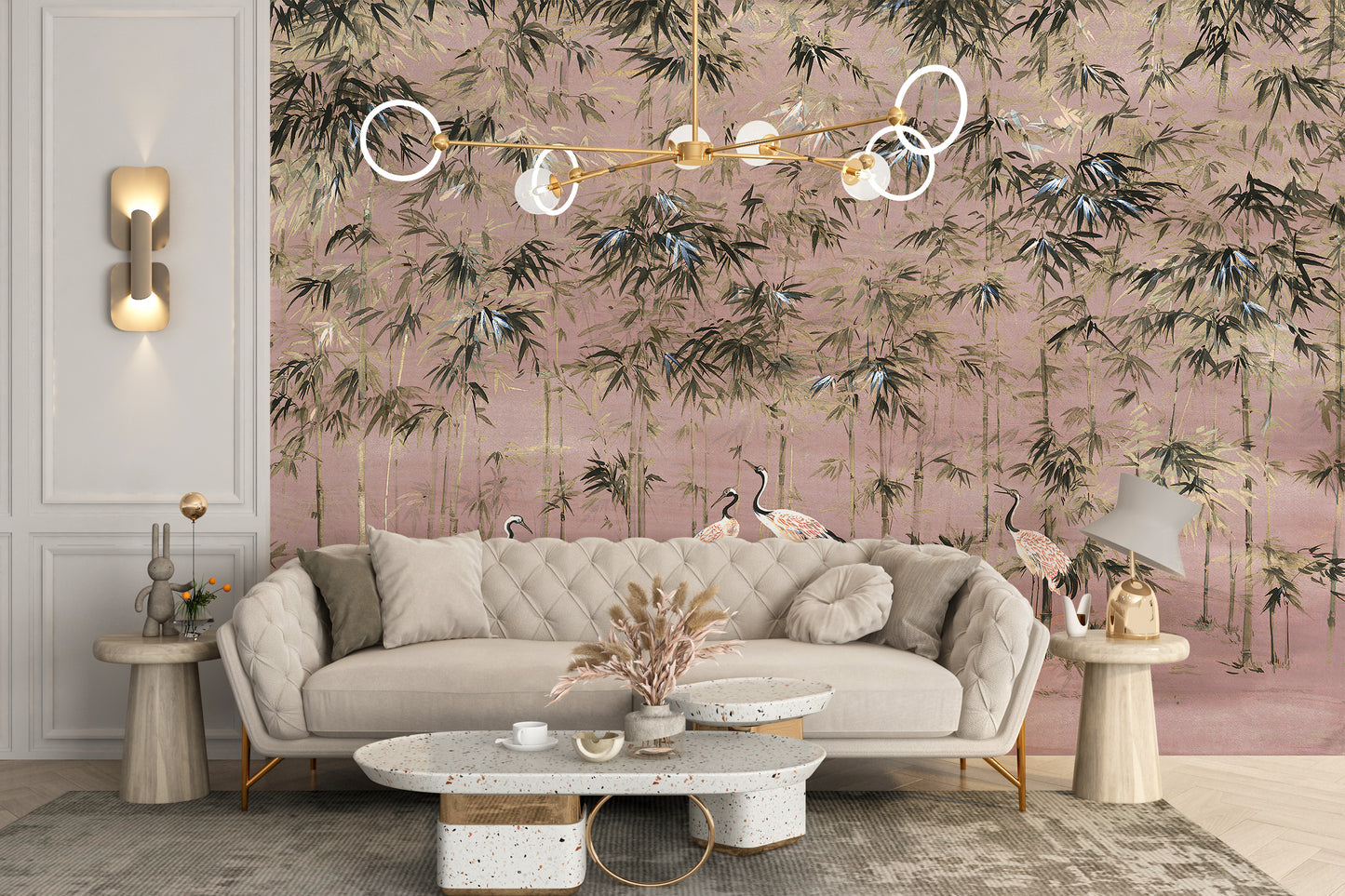 Delicate White Crane Wallpaper Mural with Pink Background