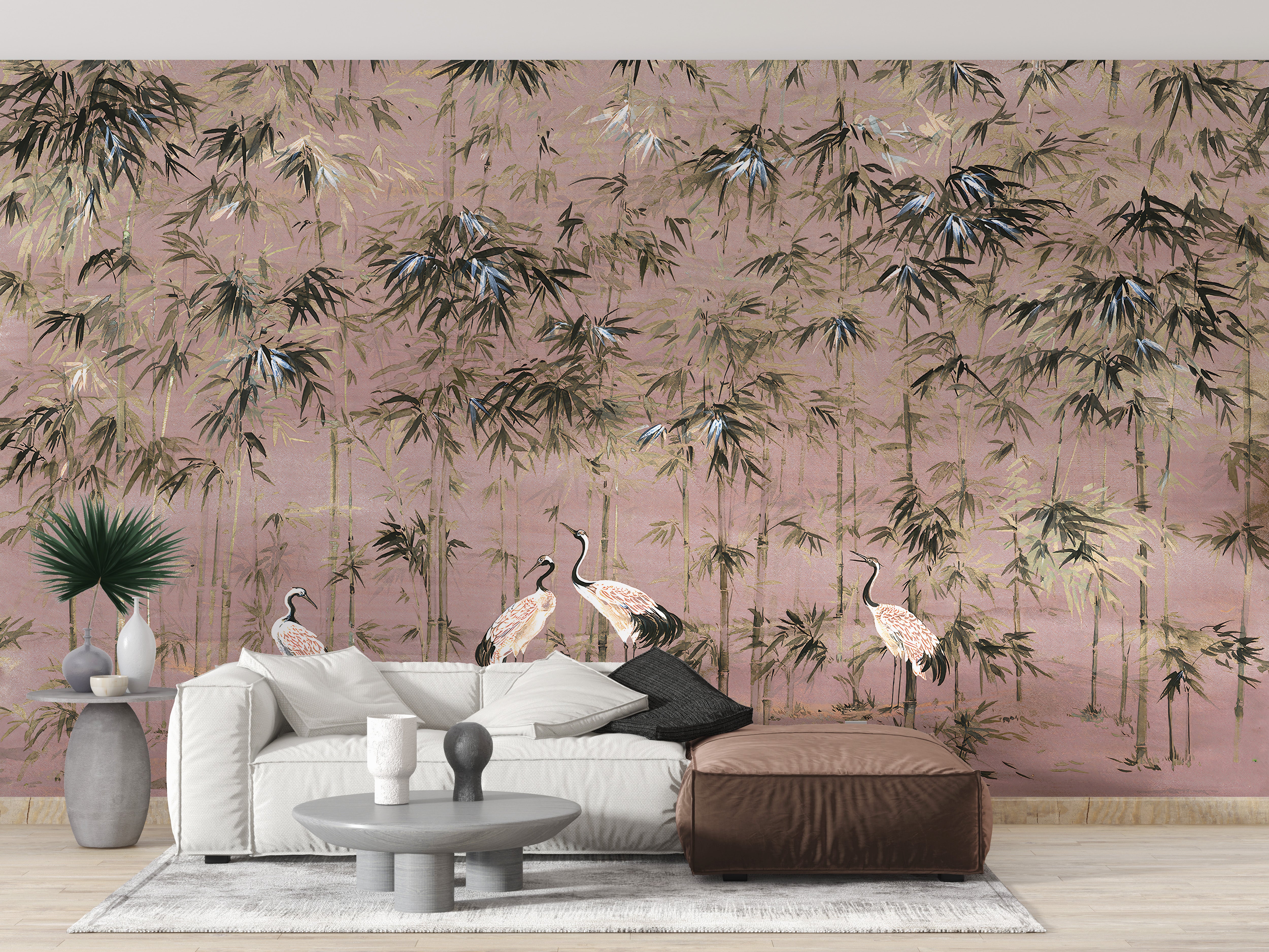 Serene Pink and White Crane Mural for Living Rooms