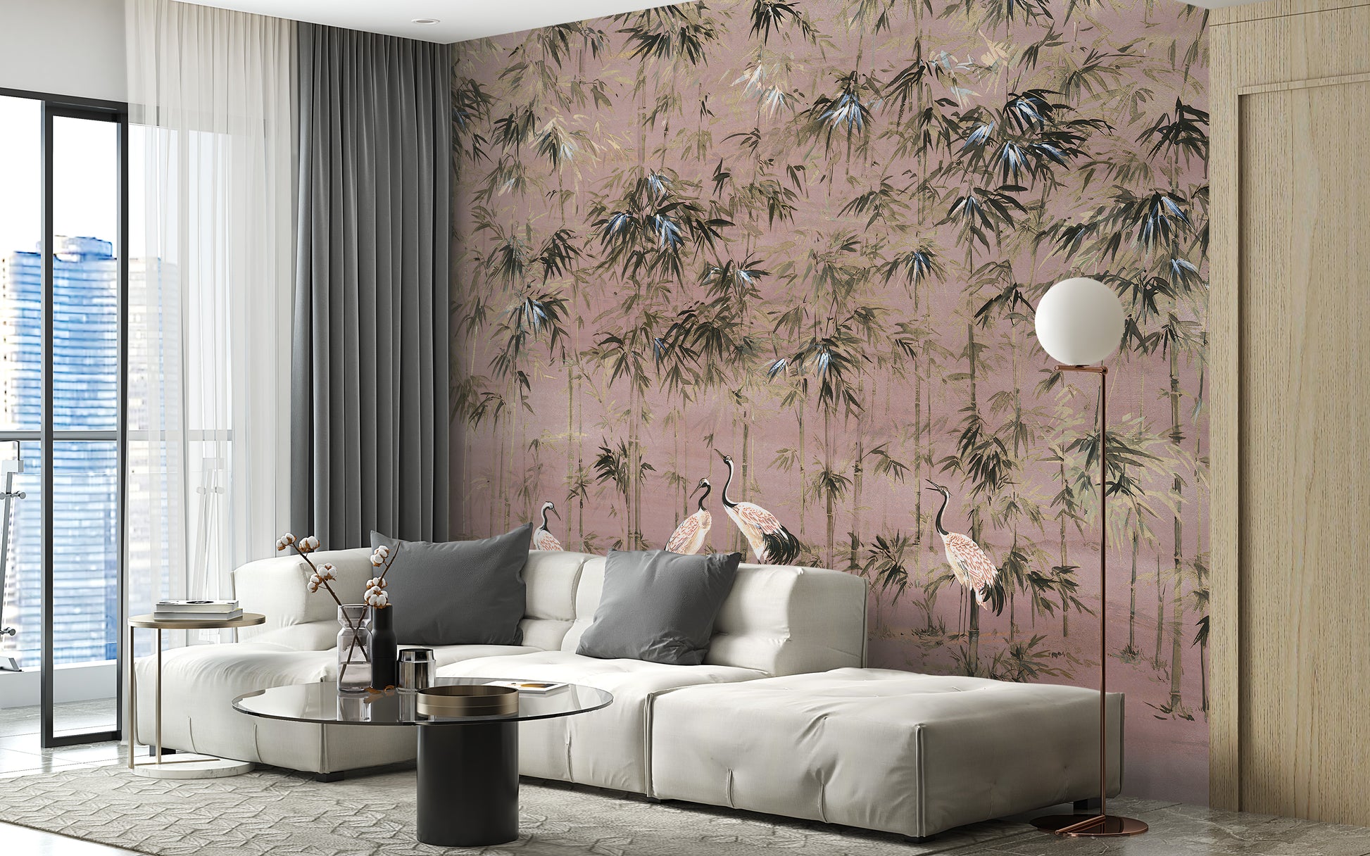 White Crane on Pink Color Wallpaper Mural for Bedrooms