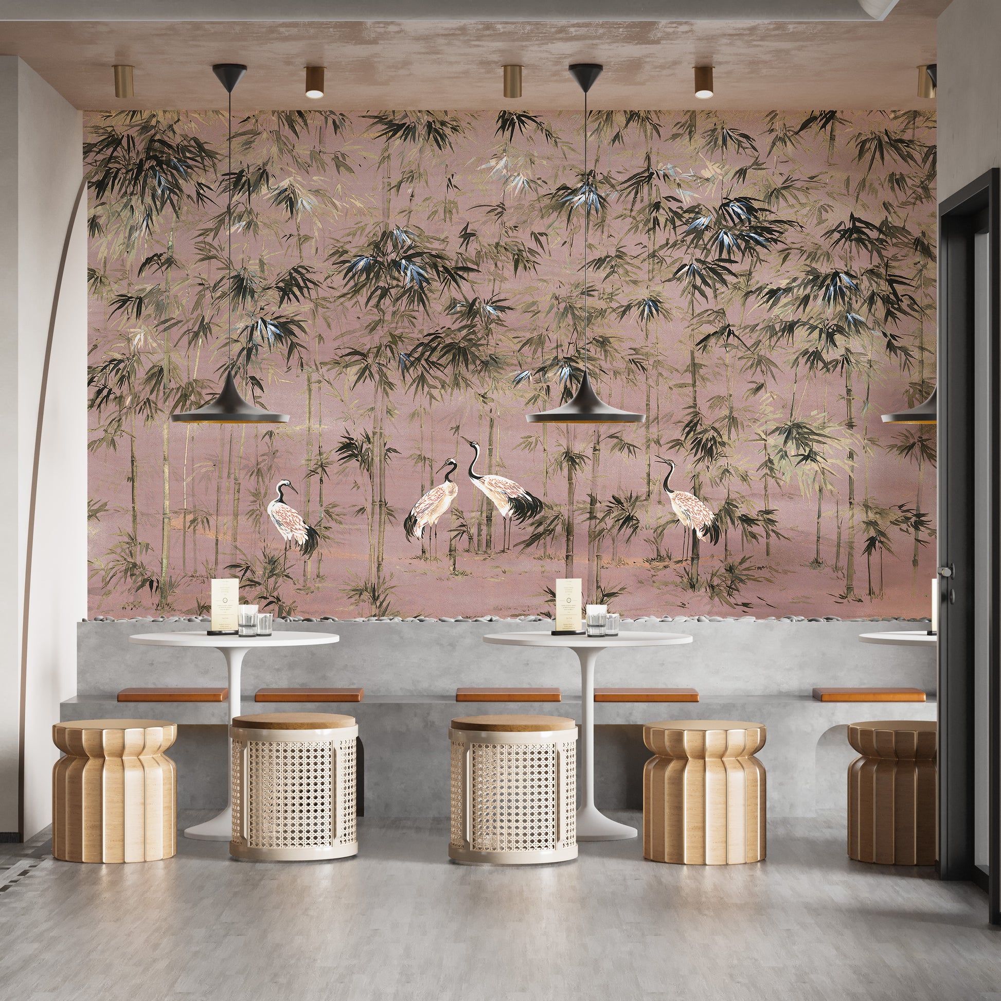 Pink Color with White Crane Wallpaper Mural