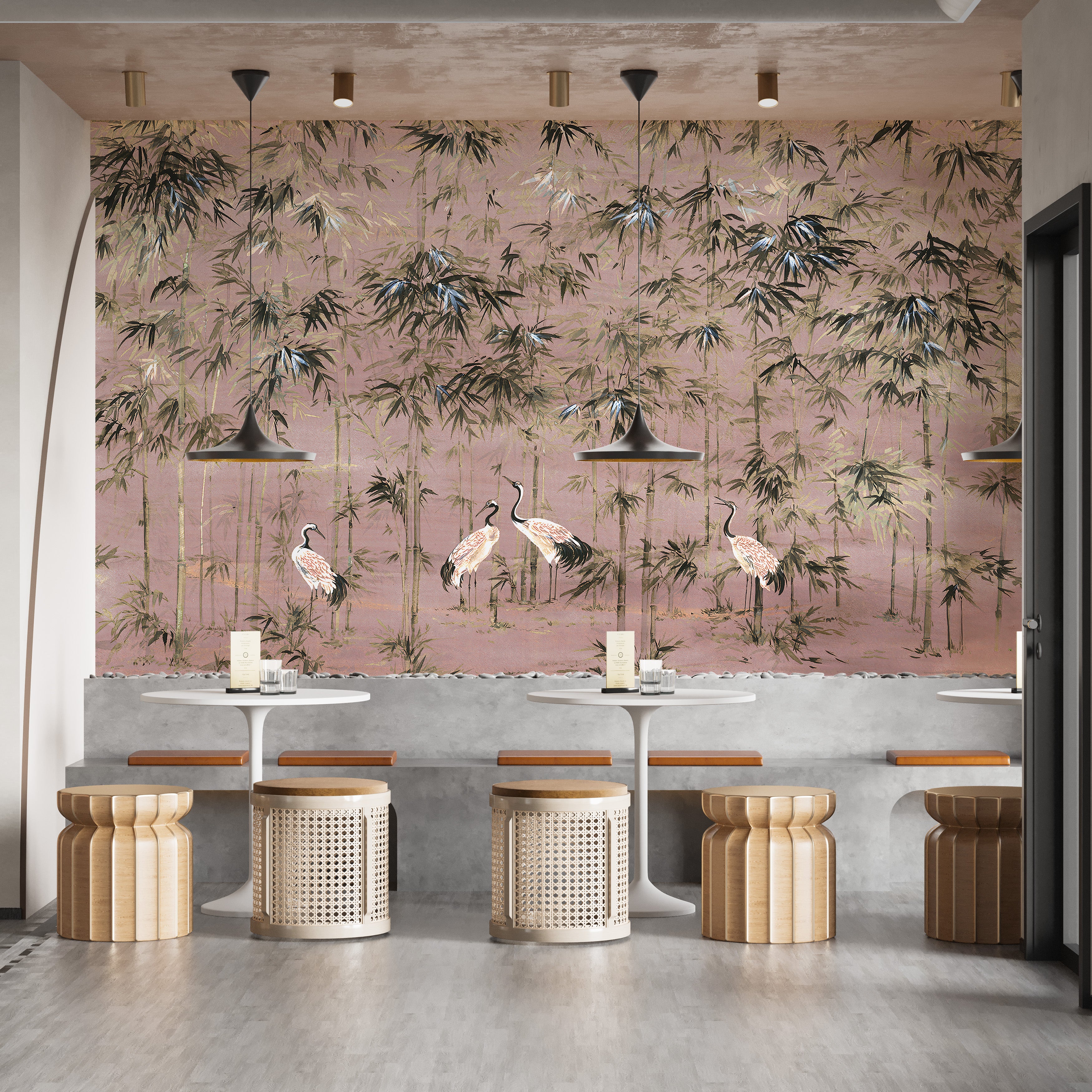 Pink Color with White Crane Wallpaper Mural