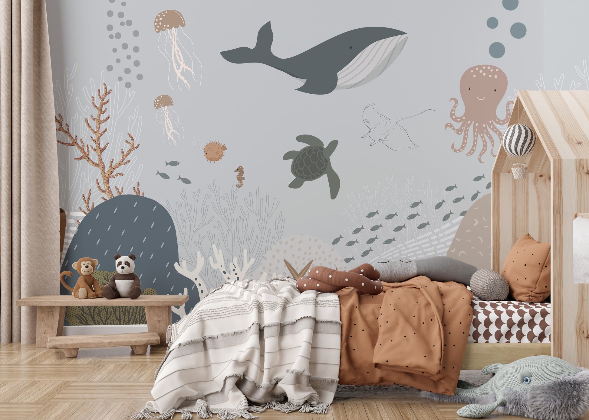 Aquatic animals wallpaper with soft pastel tones
