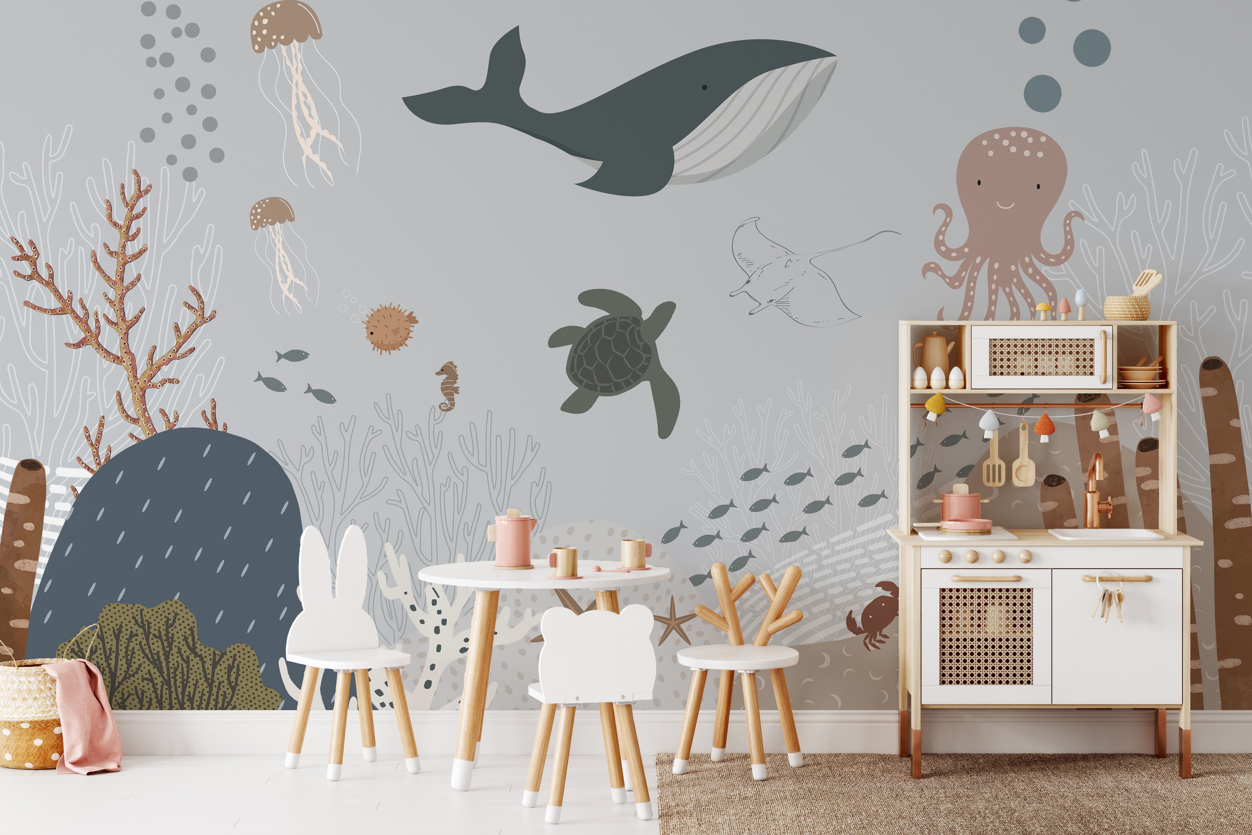 Ocean-themed wallpaper featuring coral reefs and jellyfish
