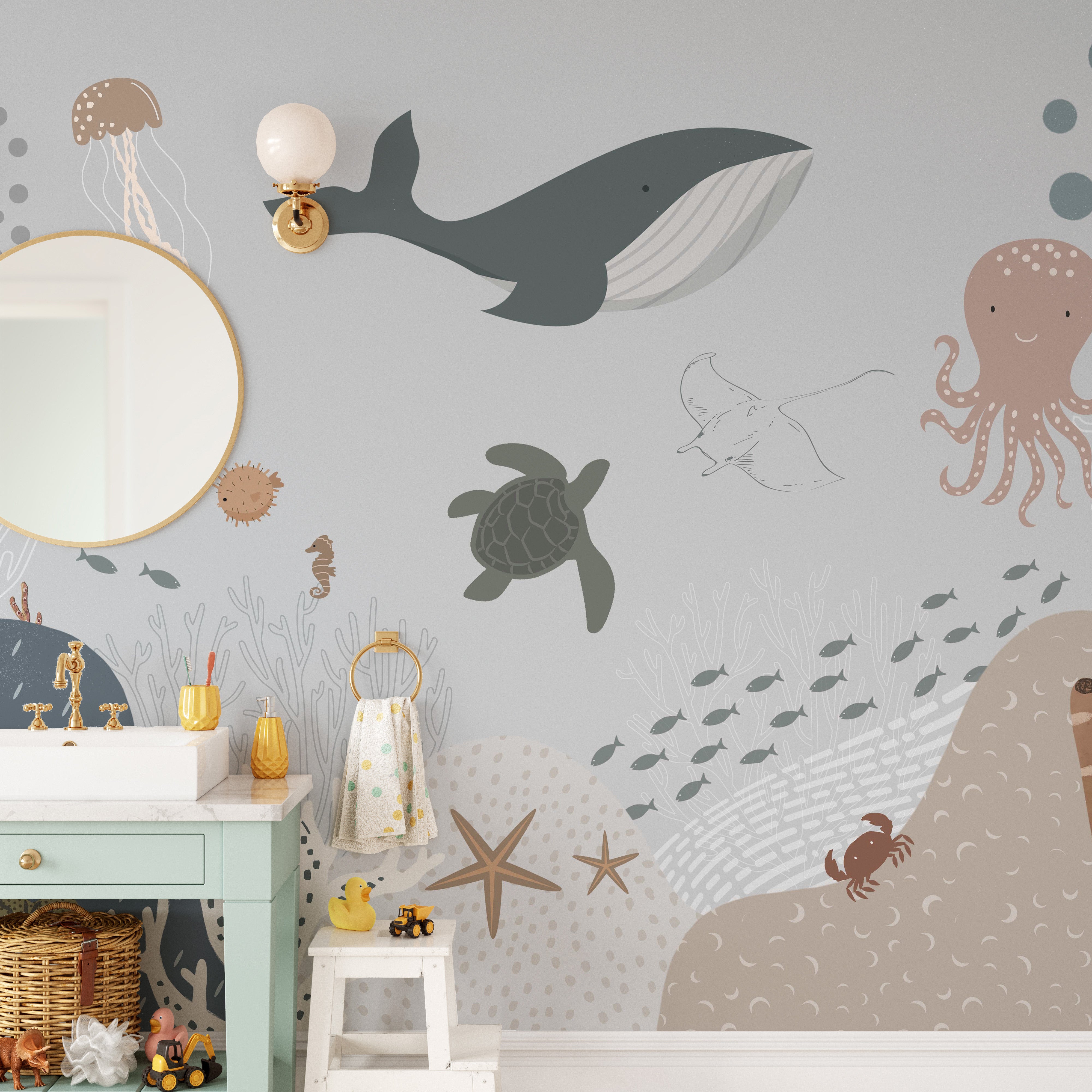 Marine life wallpaper with octopus and stingray
