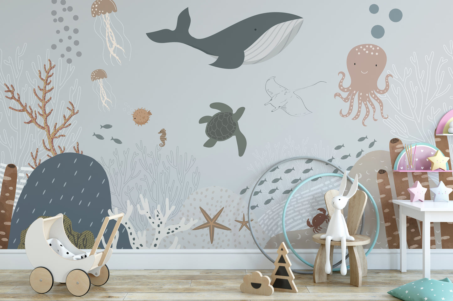 Sea creatures wall mural with playful aquatic animals
