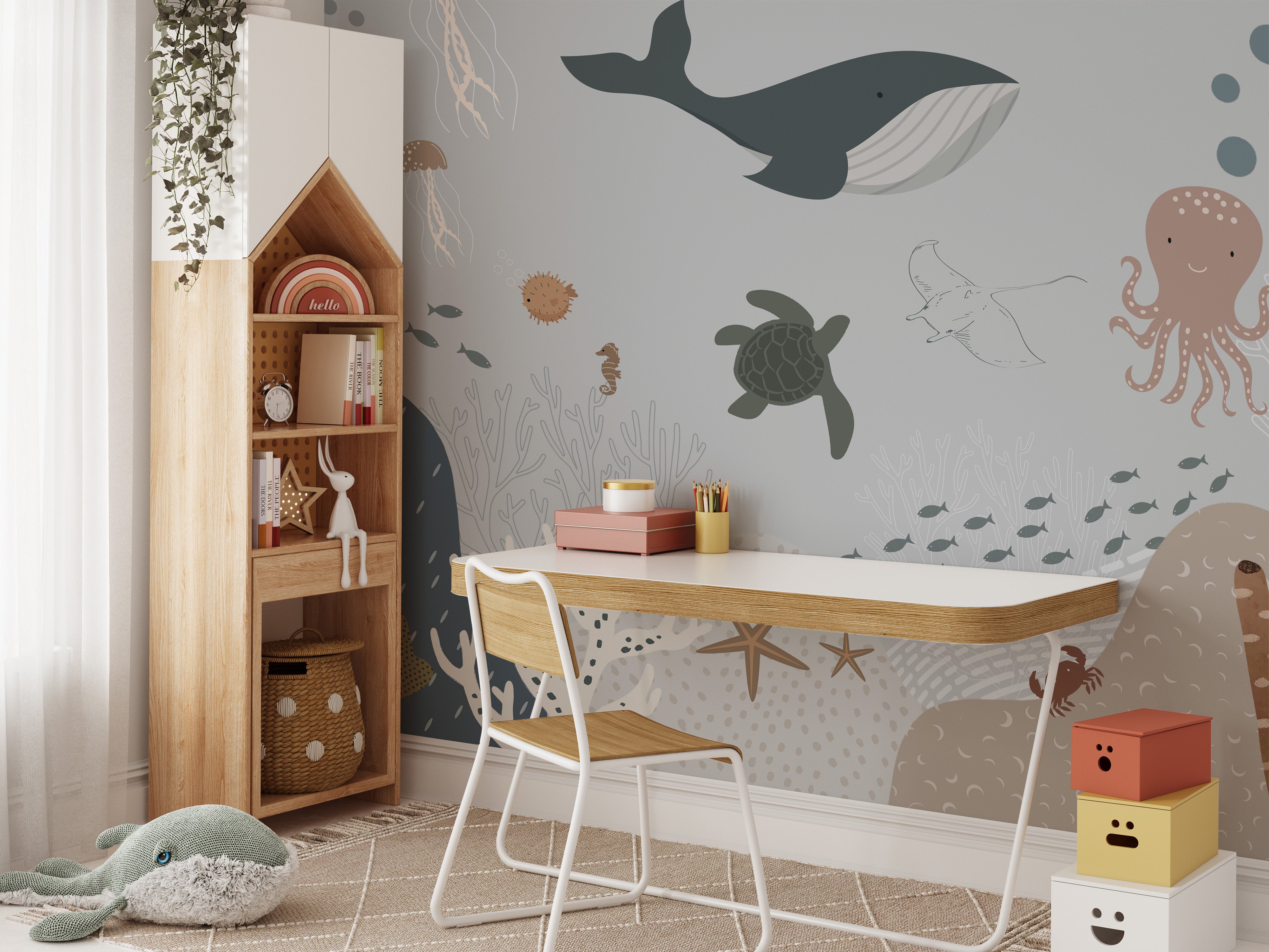 Ocean-themed nursery wallpaper with gentle sea animals
